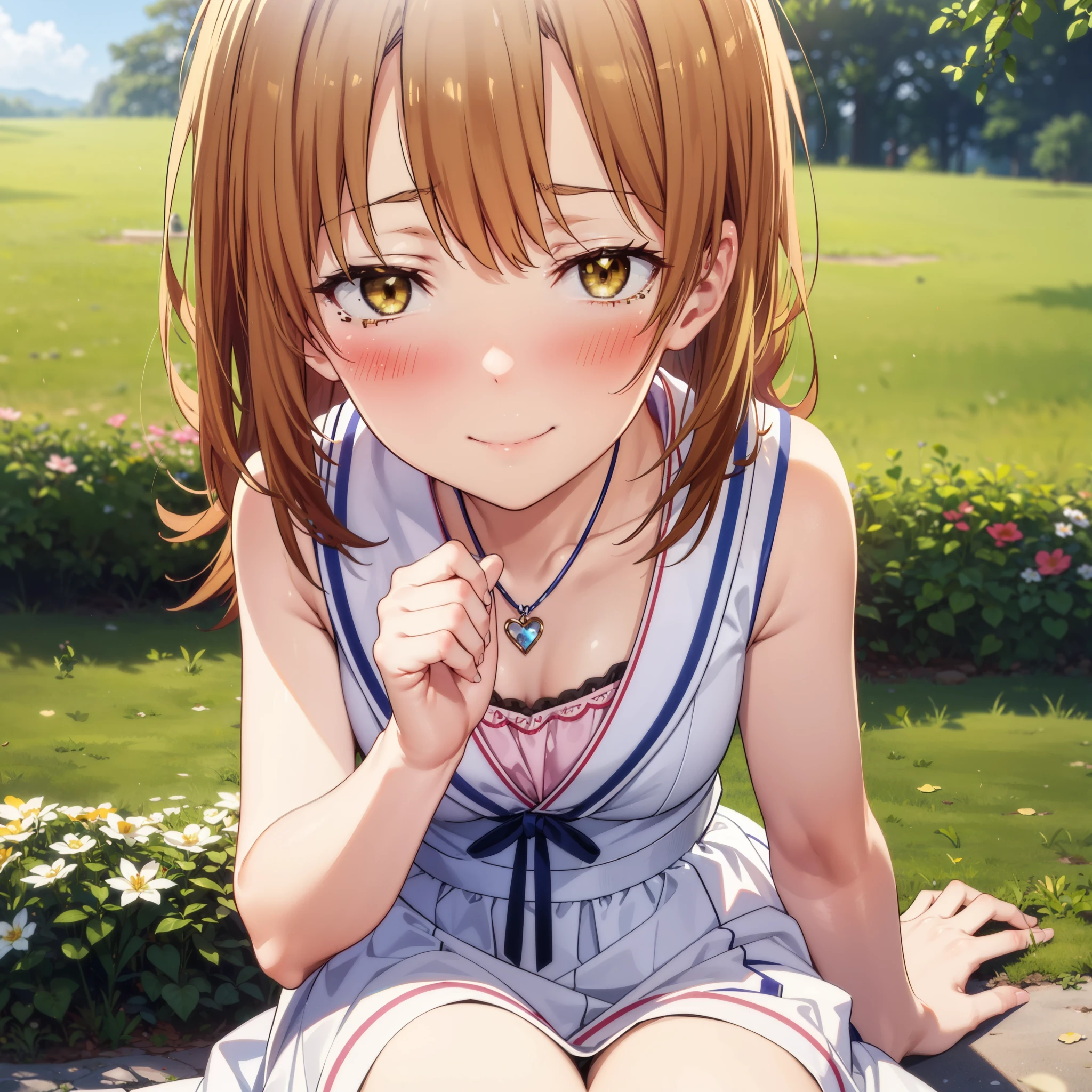 irohaisshiki, iroha isshiki, Long Hair, Brown Hair, (Brown eyes:1.5), Medium chest, Squint both eyes,blush,happy smile, smile, Shut your mouth.,White Sleeveless Dress,Bare arms,Heart Pendant,Long skirt,Barefoot flower crown,whole bodyがイラストに入るように,Sitting,Looking up from below,
break looking at viewer, whole body,
break outdoors, nature,Flower Field,Large Lake,
break (masterpiece:1.2), highest quality, High resolution, unity 8k wallpaper, (shape:0.8), (Beautiful details:1.6), Highly detailed face, Perfect lighting, Extremely detailed CG, (Perfect hands, Perfect Anatomy),