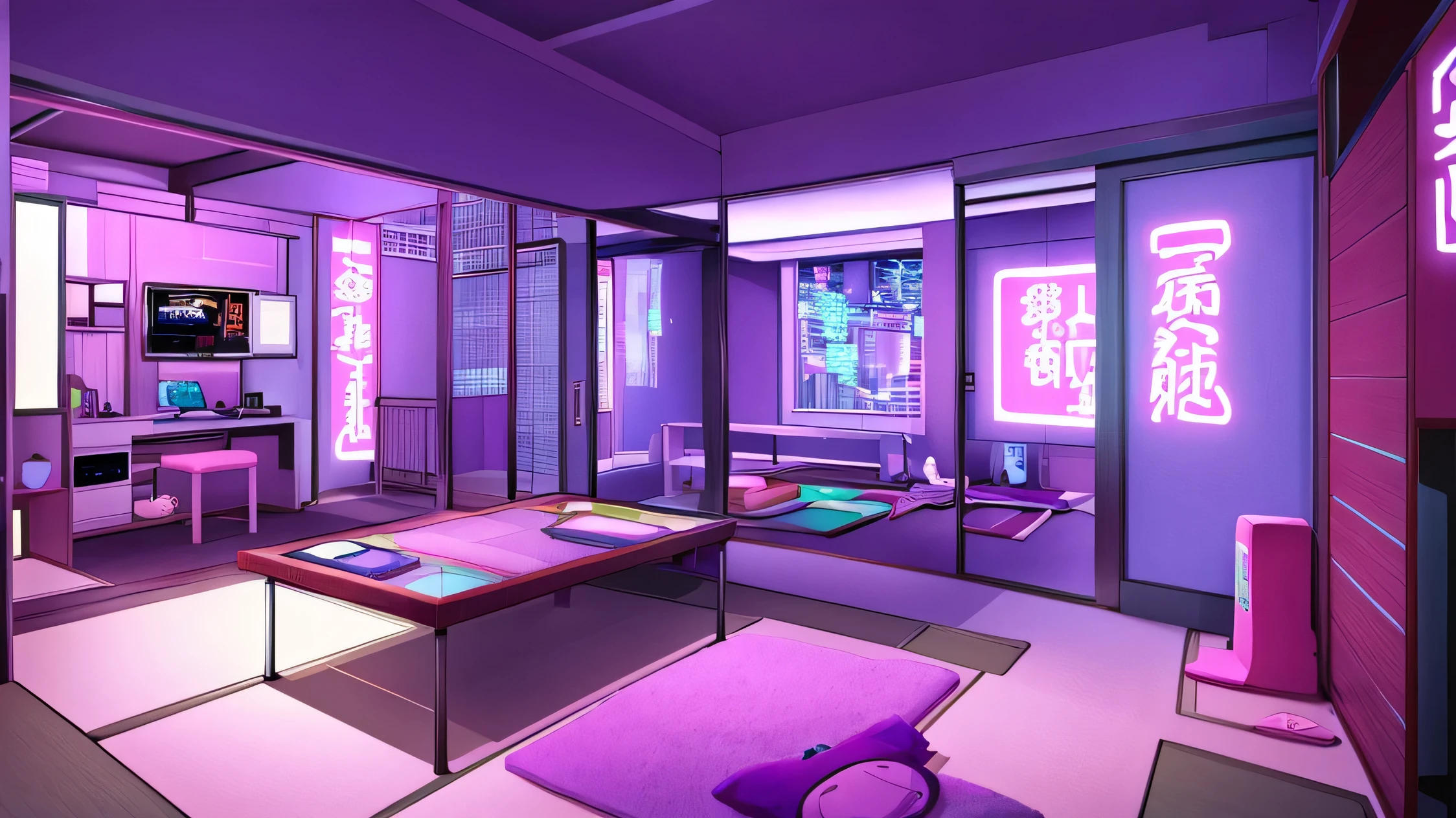 cute purple cyberpunk japanese bedroom with plushies 