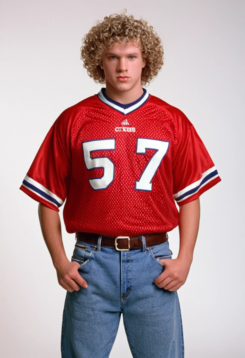 twenty six year old white man, curly sandy crewcut hair, slightly overweight but strong physique, square face, photorealism, high quality, 8k, 90s style, 1990s, red football jersey with the number 57 and jeans, no background, studio portrait