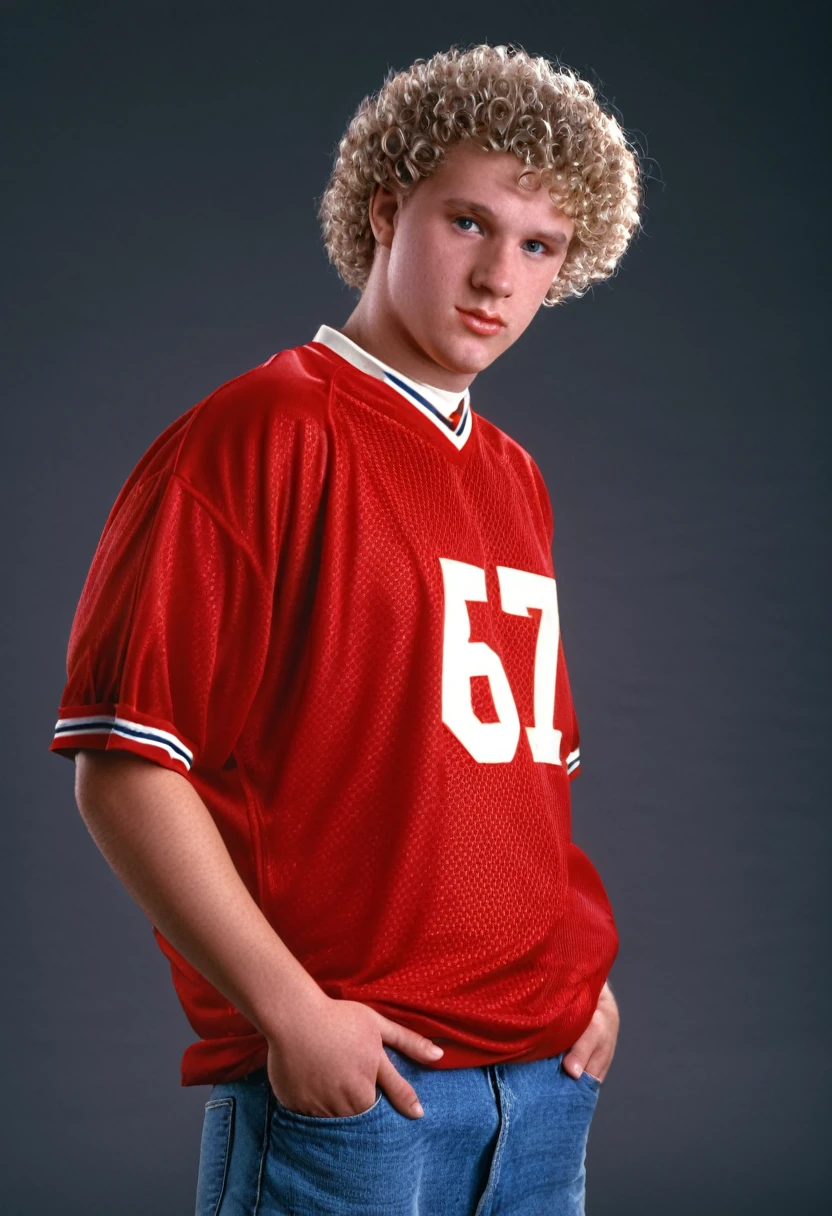 twenty six year old white man, curly sandy crewcut hair, slightly overweight but strong physique, square face, photorealism, high quality, 8k, 90s style, 1990s, red football jersey with the number 57 and jeans, no background, studio portrait 