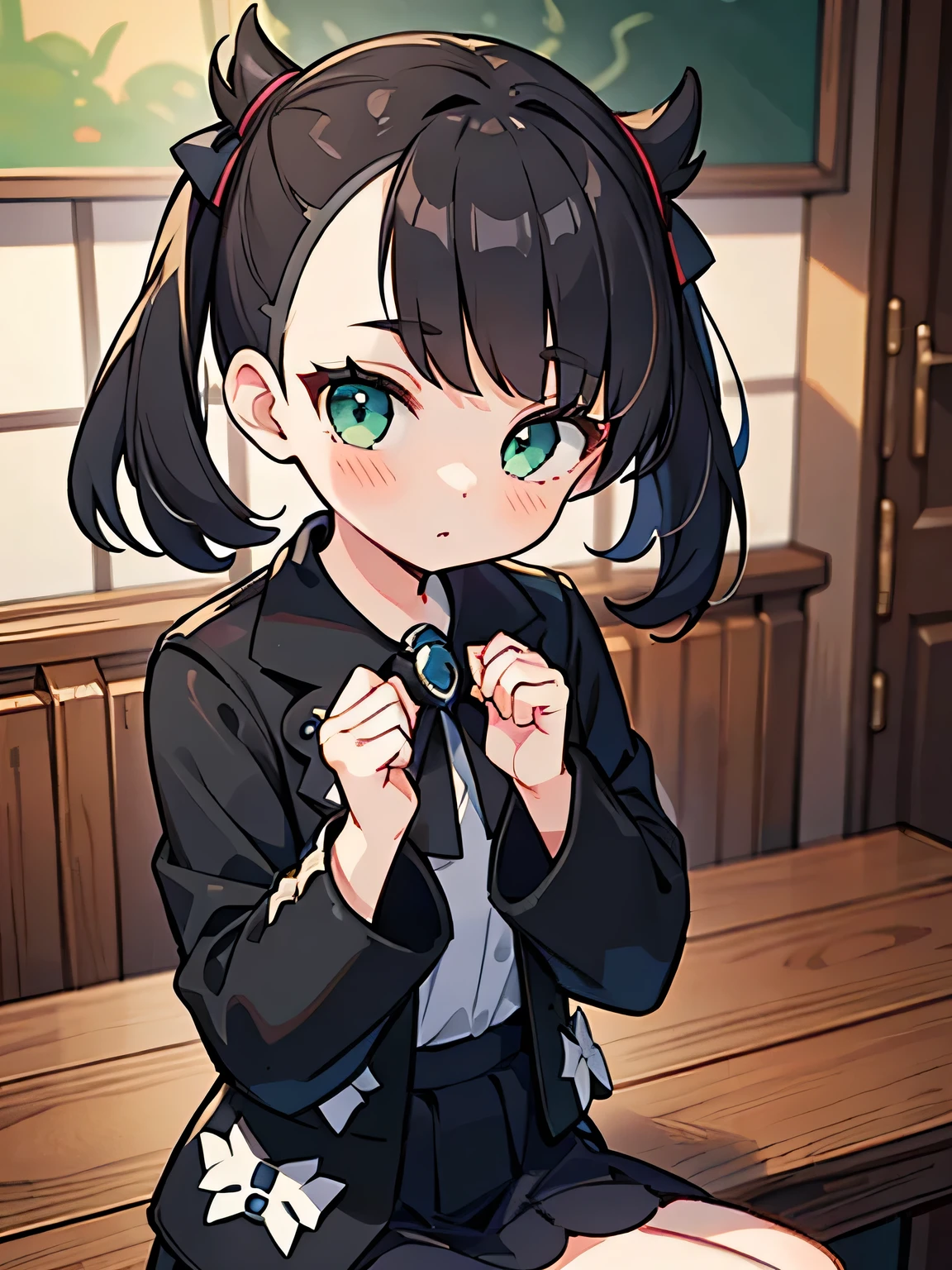 beautiful, masterpiece, best quality, extremely detailed face, perfect lighting, 1girl, solo, (siting), marnie pokemon, asymmetrical bangs, green eyes, black jacket, cute, masterpiece:1.2, detail eyes, (shy)