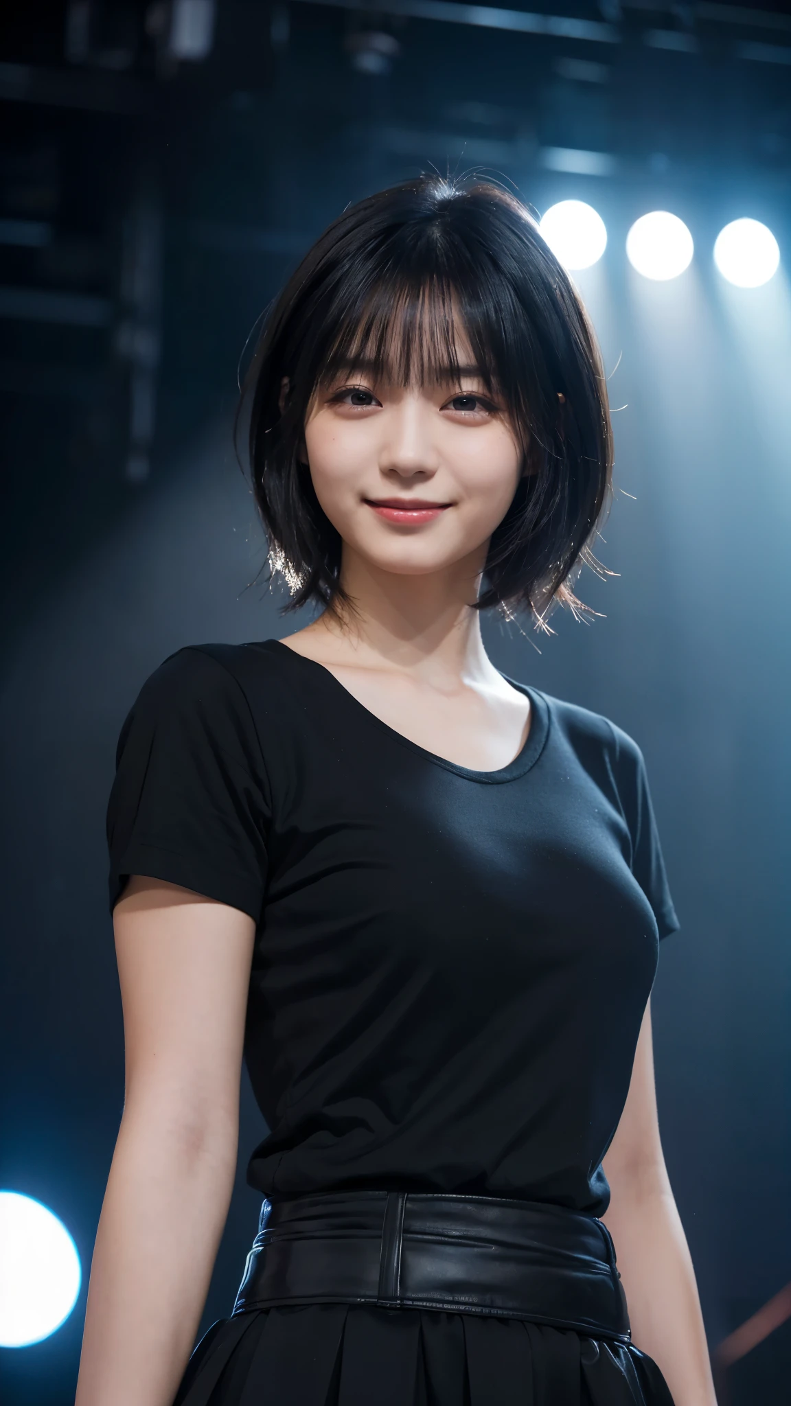(highest quality,masterpiece:1.3,Ultra-high resolution),(Super detailed,Caustics,8k), (Photorealistic:1.4, RAW shooting),darkness,On stage,Japanese,20-year-old,smile,Black Hair Middle Hair,Black Shirt,Waist up shot
