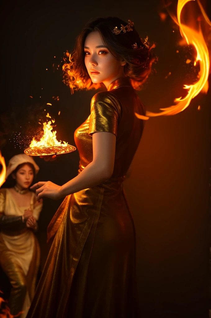 This is realistic fantasy art featuring realistic fire, Backwards、turn around、Includes flame thread, Burning hot embers, A faint swirl of smoke, And beautiful fire druids. The Druid stood in the midst of the fierce flames、It creates an interesting composition。. she face is expertly sculpted, Elegant and sophisticated features with perfect shading and realistic skin texture. she (Orange and gold eyes) It&#39;s wonderful.、It is the focus of this image. (she eyes extremely detailed, Beautiful fine details, macro). she eyes feature intricate detailing with clearly defined irises and bright sclera. she soft lips are smooth and very puffy, sheの肌は淡い紅潮と華麗な炎の模様で飾られている. she long gown is stunning and expensive, Made of pure flame and brilliant light, 火の光の中できらめく華やかな宝stone. she billowing gown glitters from the flames and features a delicately and intricately embroidered bodice with wisps of flames running across it. Include fantasy elements such as bumps, stone, Fiery Iris, Burning embers, silk, And an interesting background. Include fiery magical creatures such as the flame bird and the flame butterfly that give off a magical and mystical aura. Lighting: Enhance your artwork with the latest lighting trends. camera: Use dynamic composition to create tension and excitement. Take inspiration from current masters of the fantasy genre, Including popular artists on Artstation and Midjourney. ((masterpiece))