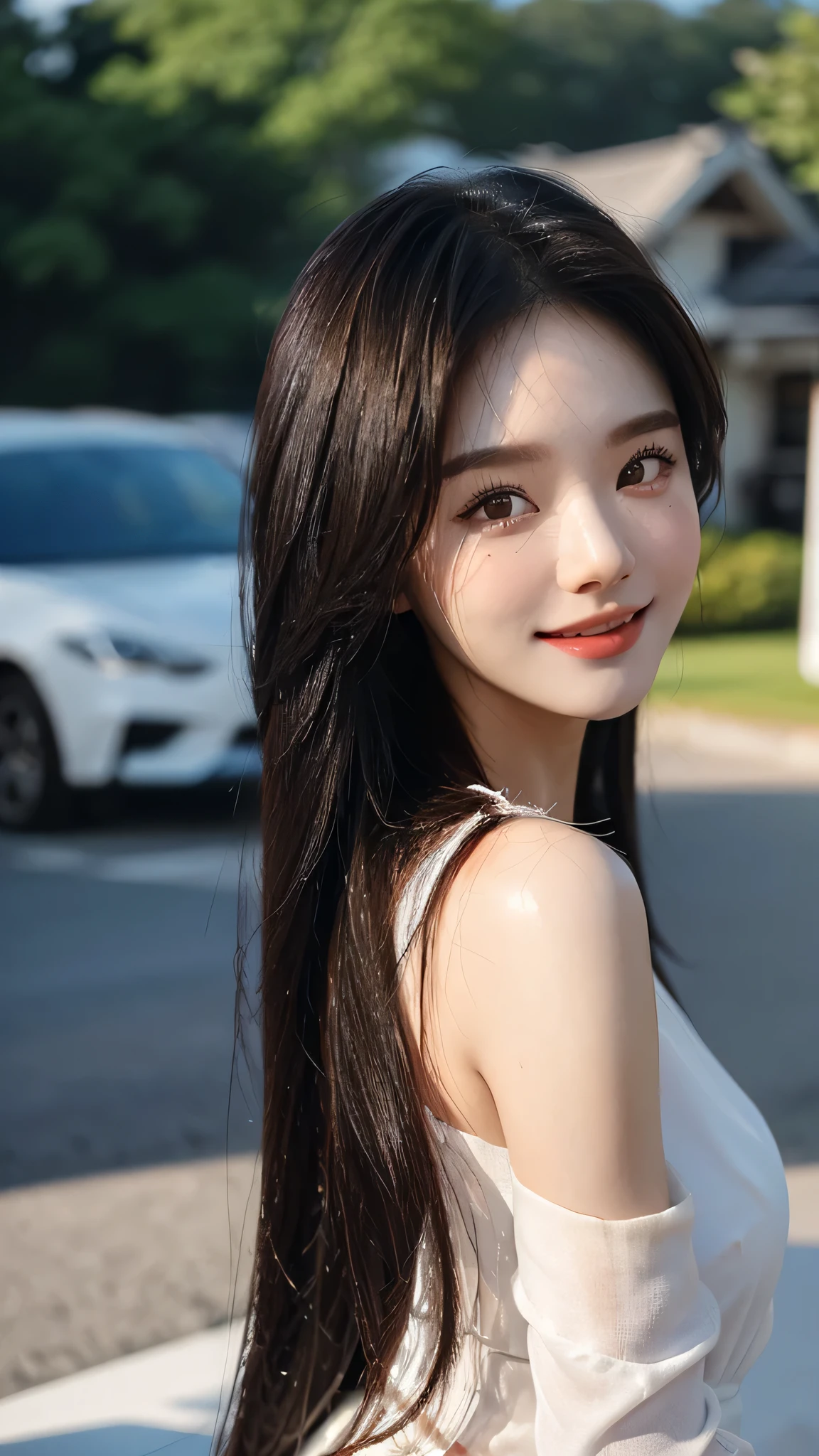 masterpiece、top-quality)、1 beautiful girl、((Wearing black sunglasses )), (Detailed beautiful eyes), ((Detailed skin)) , ((Detailed medium hair)), in the white villa、((Boyish Brown Medium Hair))、((Smaller face))、((Neutral face))、((Face seen from the side))、((Light brown eyes))、((Korean Girl))、((18year old))、((cool lady))、((A shy smile on his face))、((Korean Makeup))、((elongated and sharp eyes))、((Happy dating))、((boyish))、((Shot from the same height as your face)、full body , RAW photos, on the white villa ), ((CG rendering)), ((Blurred background)), ((16K)), ((Very detailed)), ((wallpaper)), ((depth of field)), ((movie light)), (( Ray tracing)).