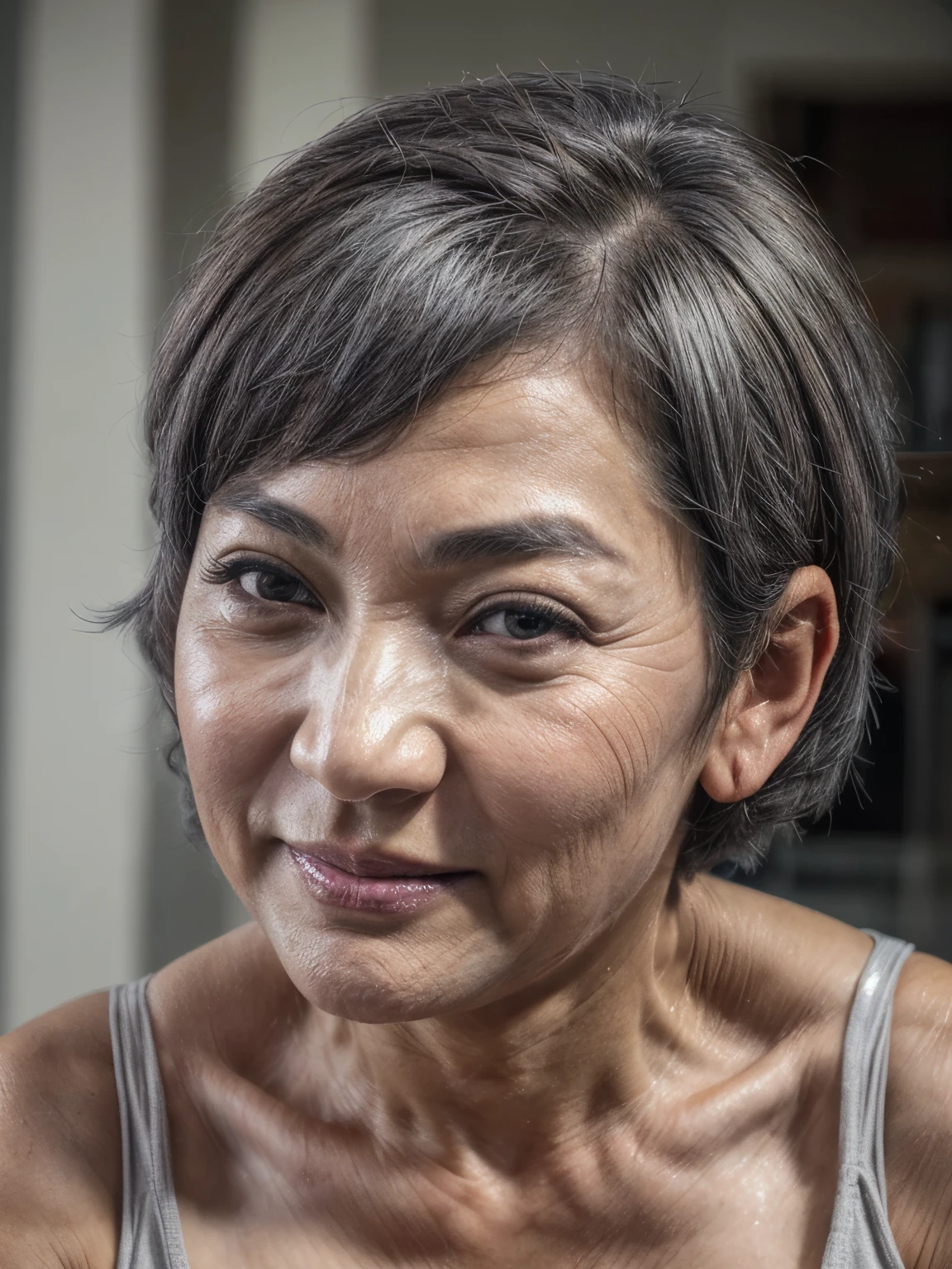 ((highest quality)), ((8K)), ((masterpiece: 1.3)), (Perfect appearance), (Photorealism: 1.6), (Ultra high definition), (Japanese Matureの肖像画), (60 years old, Japanese Mature), ((Realistic skin texture)), (Fine lines all over the skin), (Dull skin), (Facial wrinkles), (Wrinkles around the eyes), double eyelid, Tear bags under the eyelids, (Short hair bangs), (Short Hair), (hair with gray hair: 1.4), (Both ears are visible),
