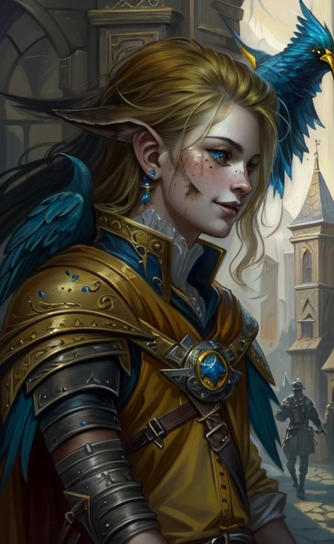 dark Fantasy art, dnd art, Dark RPG Art, Wide Shot, (masterpiece:1.3), Magvul, half past ten Bird in a fantasy street, whole body, intense details, Very detailedな, Realistic, highest quality, High resolution, 1 portrait(male: 1.4) half past ten (Fantasy art, masterpiece, highest quality: 1half past ten, male, thin, Pale skin, intense details facial detail (gritty Fantasy art, masterpiece, highest quality: 1.4) Bird, Exquisite beauty, (Blonde: 1.3), (Smile arrogantly: 1.2), (Facial stains: 1.3), (Facial stains: 1.3) (Small pointy ears: 1.3), Intense deep blue gaze art, masterpiece, highest quality: 1.3) hold (small harp: 1.4) (Fantasy art, masterpiece, highest quality: 1.4) wear heavy (heavy armor, wear) CM-Beautiful_armor, wear leather boots, wear a cloak, sword carried on one&#39;s back (Fantasy art, masterpiece, highest quality: 1.3), with an arrogant smile, Standing on a gritty fantasy street, There is (dark red clouds: 1.3) , (dark yellow clouds: 1.3) On top of that, dark feeling, Horror, Depth of written boundary, reflected light, Attention to detail, highest quality, 16k, [Super detailed], masterpiece, highest quality, (Very detailed), Dynamic Angle, ultra Wide Shot, Realistic, born, Fantasy art, dnd art, Fantasy art, Realistic芸術