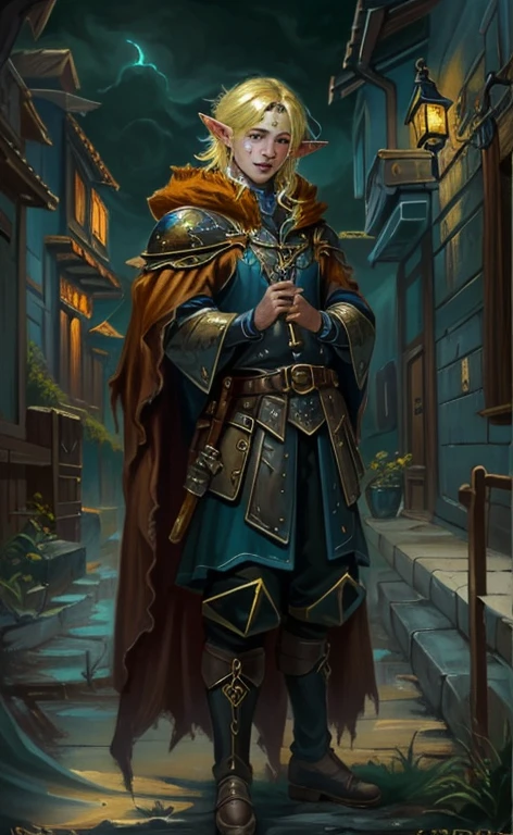 dark Fantasy art, dnd art, Dark RPG Art, Wide Shot, (masterpiece:1.3), Magvul, half past ten Bird in a fantasy street, whole body, intense details, Very detailedな, Realistic, highest quality, High resolution, 1 portrait(male: 1.4) half past ten (Fantasy art, masterpiece, highest quality: 1half past ten, male, thin, Pale skin, intense details facial detail (gritty Fantasy art, masterpiece, highest quality: 1.4) Bird, Exquisite beauty, (Blonde: 1.3), (Smile arrogantly: 1.2), (Facial stains: 1.3), (Facial stains: 1.3) (Small pointy ears: 1.3), Intense deep blue gaze art, masterpiece, highest quality: 1.3) hold (small harp: 1.4) (Fantasy art, masterpiece, highest quality: 1.4) wear heavy (heavy armor, wear) CM-Beautiful_armor, wear leather boots, wear a cloak, sword carried on one&#39;s back (Fantasy art, masterpiece, highest quality: 1.3), with an arrogant smile, Standing on a gritty fantasy street, There is (dark red clouds: 1.3) , (dark yellow clouds: 1.3) On top of that, dark feeling, Horror, Depth of written boundary, reflected light, Attention to detail, highest quality, 16k, [Super detailed], masterpiece, highest quality, (Very detailed), Dynamic Angle, ultra Wide Shot, Realistic, born, Fantasy art, dnd art, Fantasy art, Realistic芸術