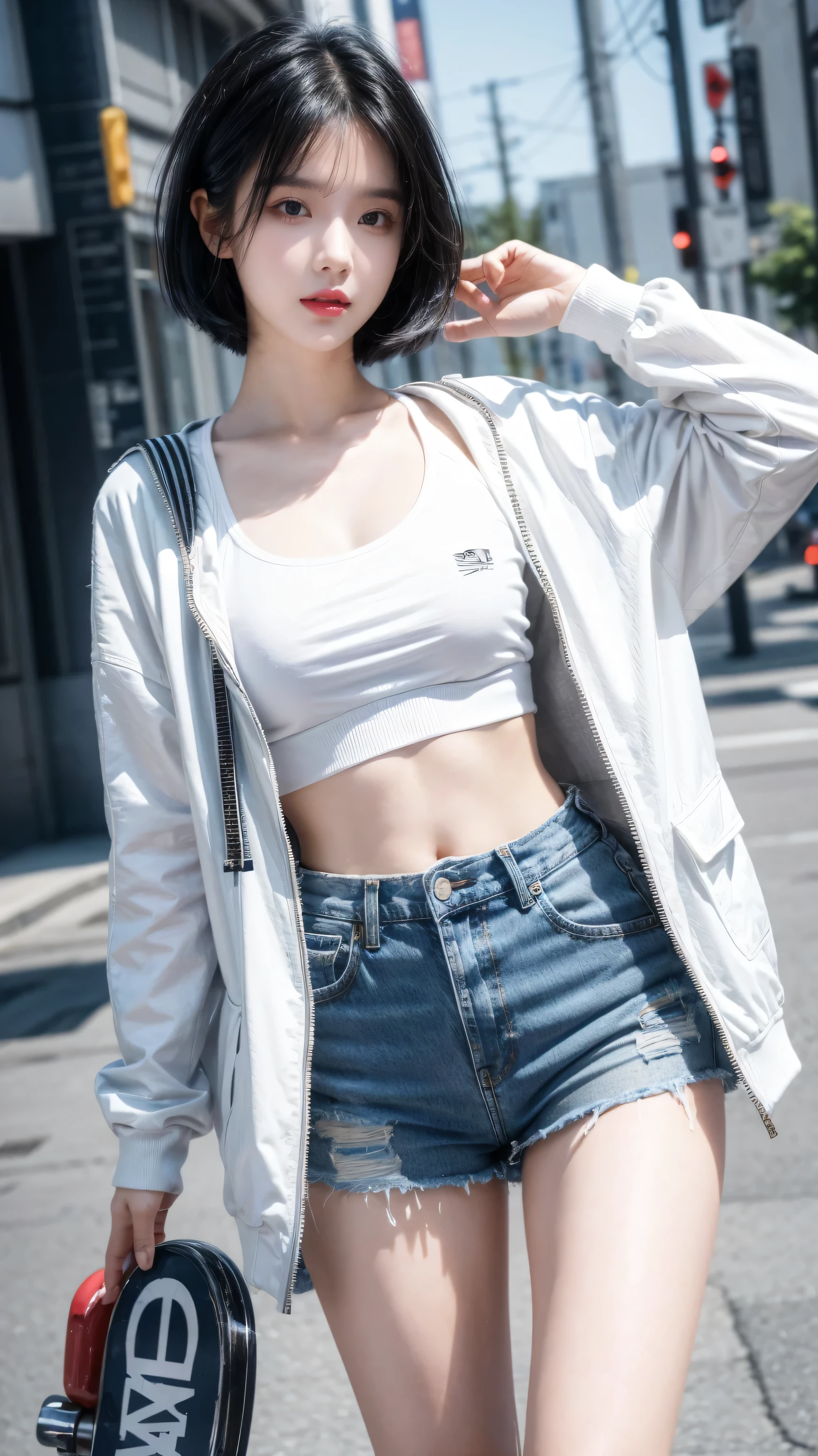 best quality, 1 Girl, dark blue hair, black eyes, Very short hair, Spiky hair, t-shirt, white jacket , High waist short jeans, 171 cm, Messy hair, Hair between the eyes, Medium breasts, full, Tomboy, aldult, 20 years old, 1 Girl skateboard athlete