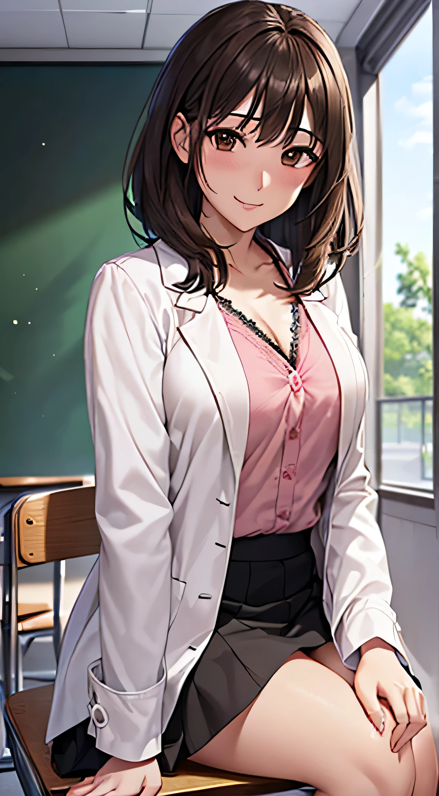 ((Tabletop, highest quality, High resolution, , Pixel perfect, 4K,))), 1 female doctor, single, alone, beauty、The whole body is visible、 ((Mid-wave hair, bangs, Brown Hair)), ((Brown eyes, Beautiful eyelashes, Realistic eyes)), ((Detailed face, Blushing:1.2)), ((Smooth texture:0.75, Realistic texture:0.65, Realistic:1.1, Anime CG Style)), Mid-chest, Dynamic Angle, Perfect body, (( , , Female doctor white coat、Black flared skirt、Chest))、、Very embarrassing panic smile, 、classroom、Sit on a chair、、、(Showing off her white and pink floral lace panties、)、Angle from below)、