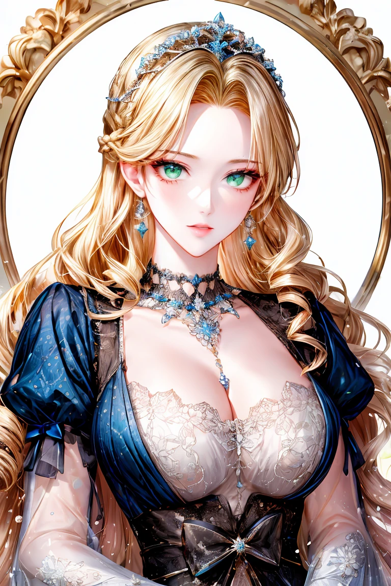 shoujo-style, (floral background, romance manhwa), 1girl, blonde hair, solo, long hair, flower, dress, tiara, white dress, gloves, long sleeves, choker, green eyes, mascara, makeup, white gloves, black bow, black flower, straight hair, drill hair, french braid, bow, bra, jewelry, looking at viewer, white background, collarbone, puffy sleeves, silver accessories, upper body, parted bangs, very long hair, blue dress, frills, bangs, closed mouth, detailed eyes, sparkle