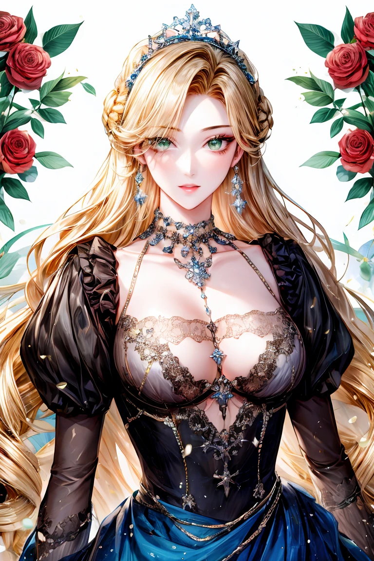 shoujo-style, (floral background, romance manhwa), 1girl, blonde hair, solo, long hair, flower, dress, tiara, white dress, gloves, long sleeves, choker, green eyes, mascara, makeup, white gloves, black bow, black flower, straight hair, drill hair, french braid, bow, bra, jewelry, looking at viewer, white background, collarbone, puffy sleeves, silver accessories, upper body, parted bangs, very long hair, blue dress, frills, bangs, closed mouth, detailed eyes, sparkle