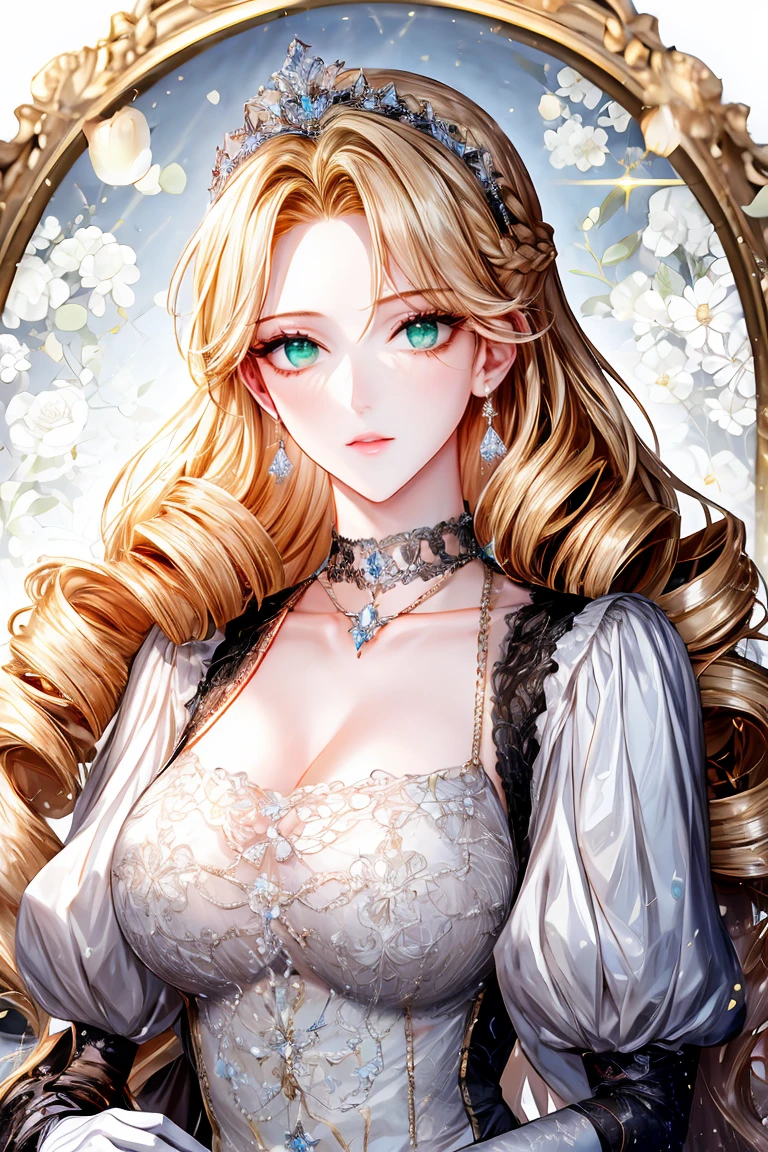 shoujo-style, (floral background, romance manhwa), 1girl, blonde hair, solo, long hair, flower, dress, tiara, white dress, gloves, long sleeves, choker, green eyes, mascara, makeup, white gloves, black bow, black flower, straight hair, drill hair, french braid, bow, bra, jewelry, looking at viewer, white background, collarbone, puffy sleeves, silver accessories, upper body, parted bangs, very long hair, blue dress, frills, bangs, closed mouth, detailed eyes, sparkle