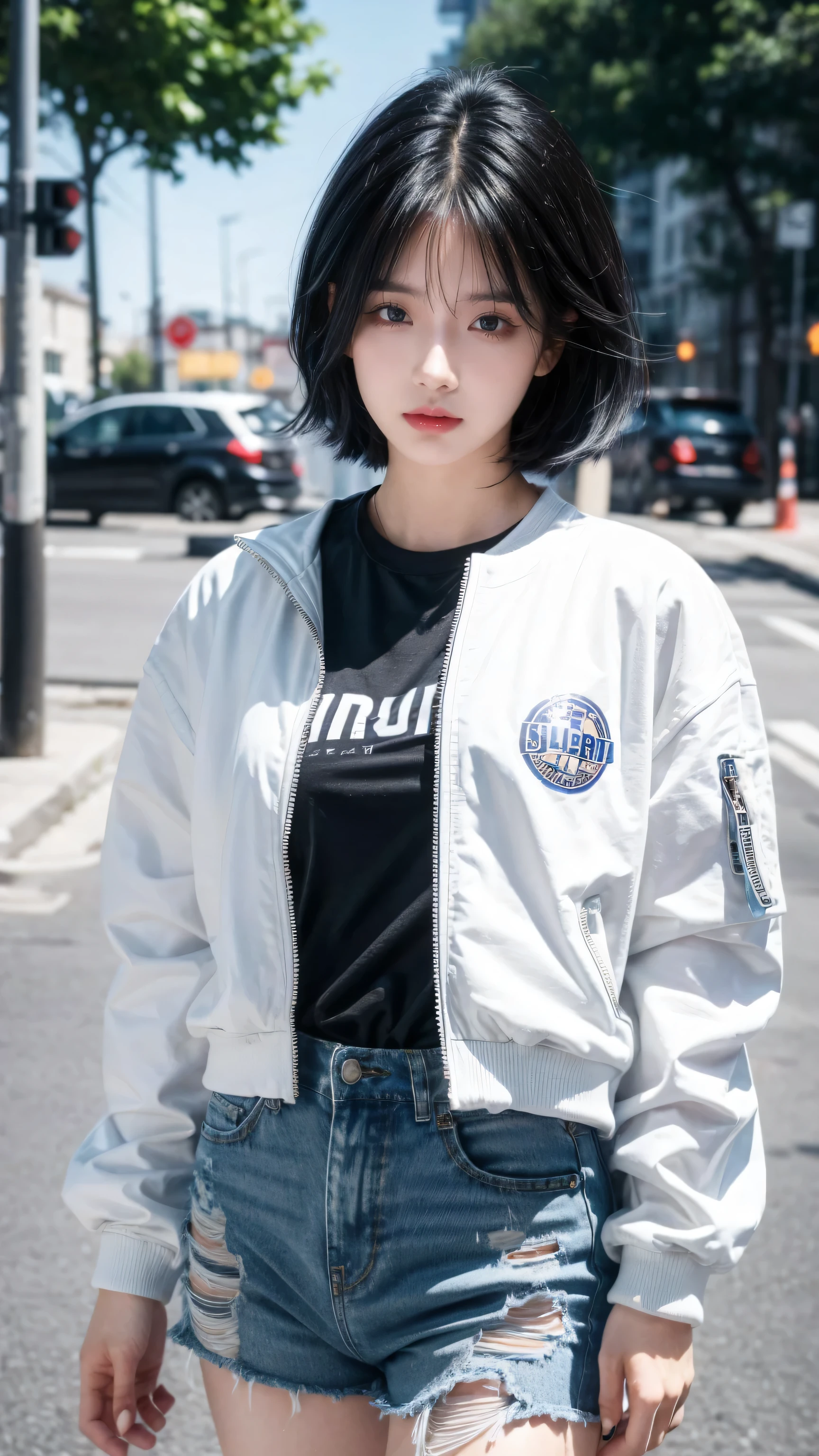 best quality, 1 Girl, dark blue hair, black eyes, Very short hair, Spiky hair, t-shirt, white jacket , High waist short jeans, 171 cm, Messy hair, Hair between the eyes, Medium breasts, full, Tomboy, aldult, 20 years old, 1 Girl skateboard athlete