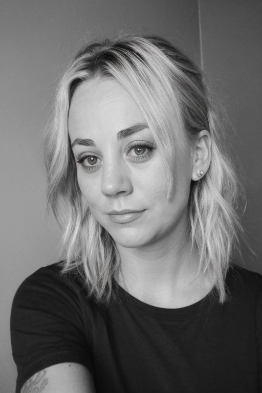 a selfie of a 19 year old Kaley Cuoco, taken with iphone camera , arm raised, party beauty, beautiful girl, black and white photography, hard contrast, hard shadows, t-shirt dress, smirk, cute makeup