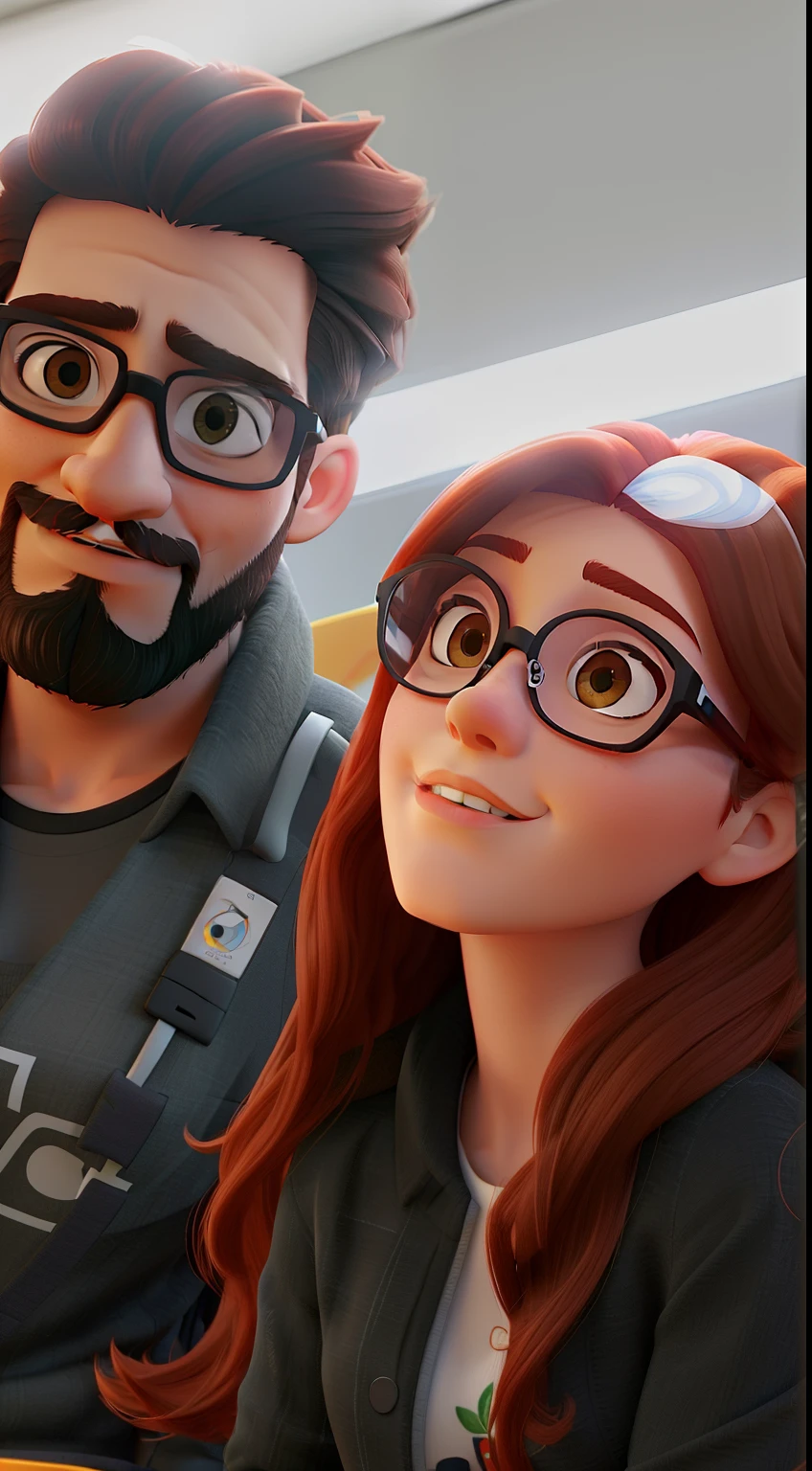 woman with medium length red hair,60 centimeters. She is wearing white glasses. mulher tem olhos pretos. queixo da mulher levemente pontudo. Homem na esquerda, homem com cabelo curto e preto. he is wearing black glasses. Has a medium-sized beard. man's eyes are black. No tema disney. In the third dimension