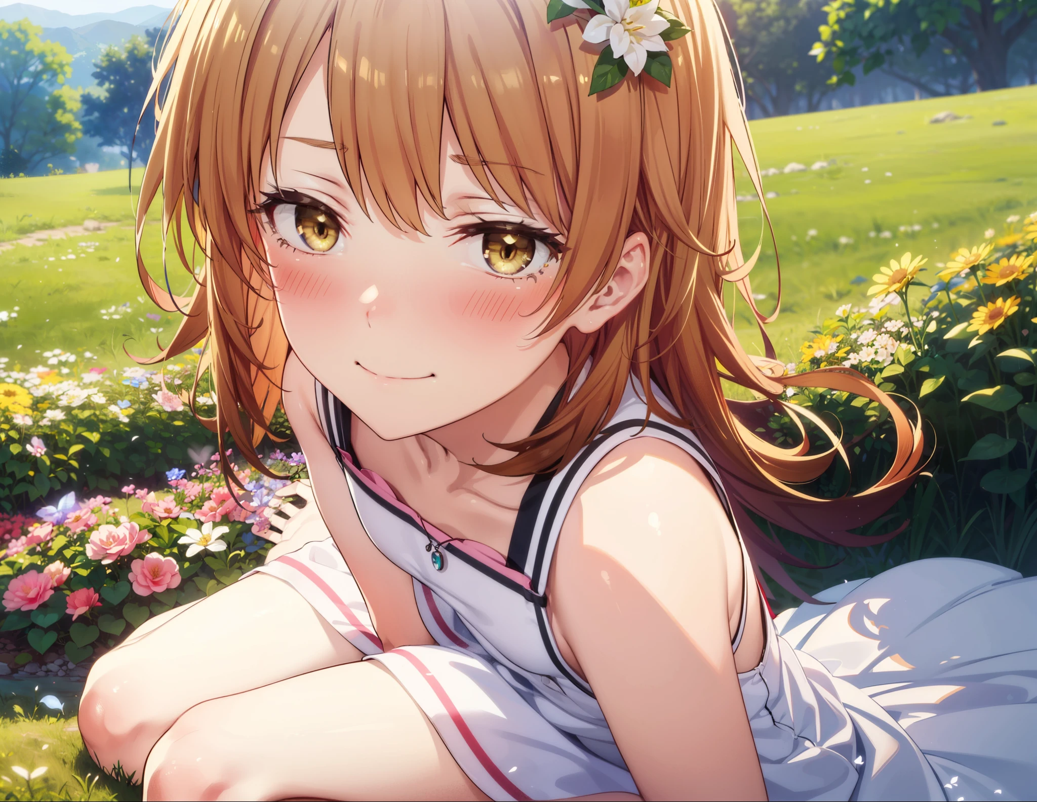 irohaisshiki, iroha isshiki, Long Hair, Brown Hair, (Brown eyes:1.5), Medium chest, Squint both eyes,blush,happy smile, smile, Shut your mouth.,White Sleeveless Dress,Bare arms,Heart Pendant,Long skirt,Barefoot flower crown,whole bodyがイラストに入るように,Sitting,Looking up from below,
break looking at viewer, whole body,
break outdoors, nature,Flower Field,Large Lake,
break (masterpiece:1.2), highest quality, High resolution, unity 8k wallpaper, (shape:0.8), (Beautiful details:1.6), Highly detailed face, Perfect lighting, Extremely detailed CG, (Perfect hands, Perfect Anatomy),