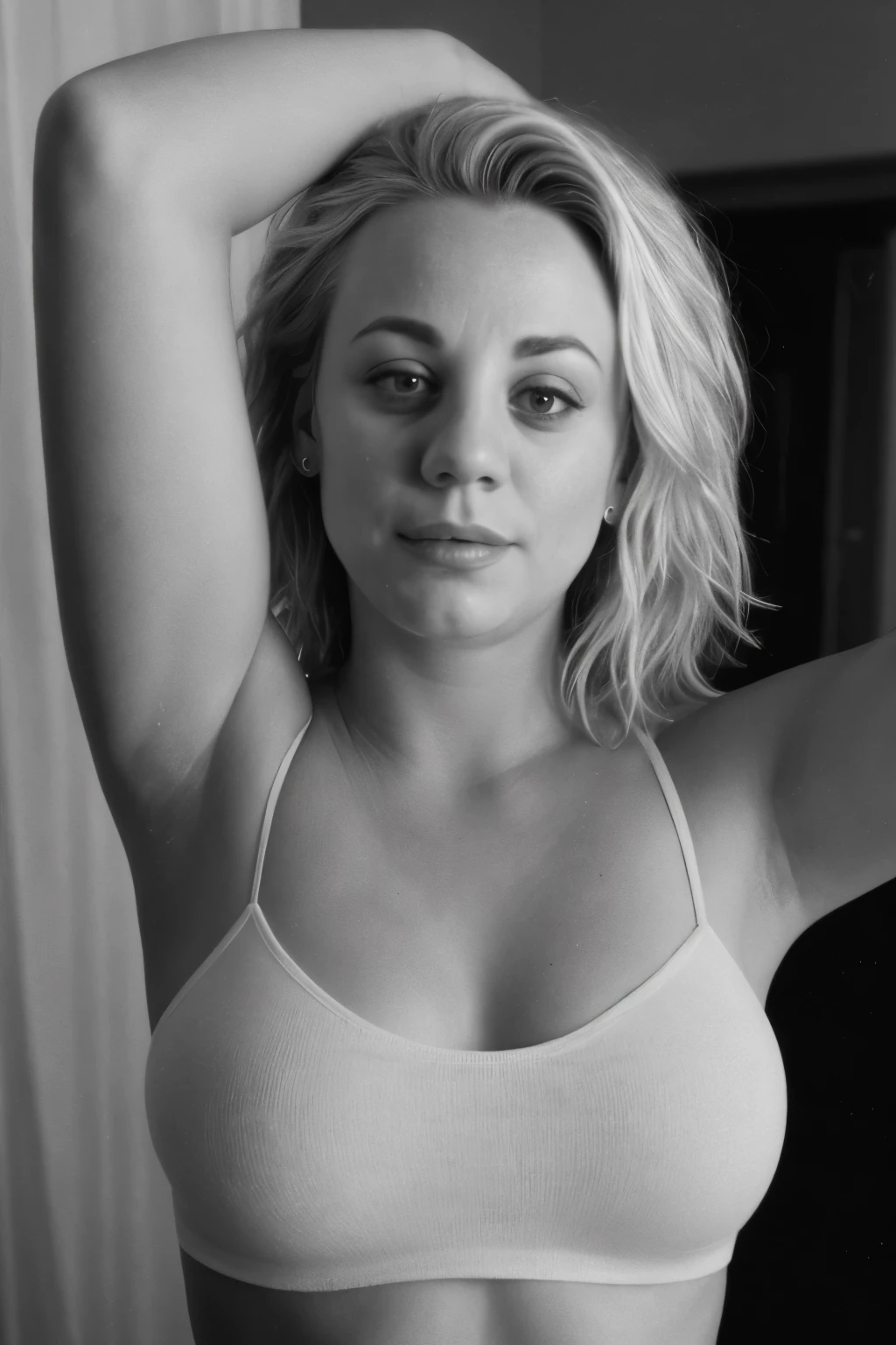 a selfie of a 19 year old Kaley Cuoco, taken with iphone camera , arm raised, party beauty, beautiful girl, black and white photography, hard contrast, hard shadows, t-shirt dress, smirk, cute makeup