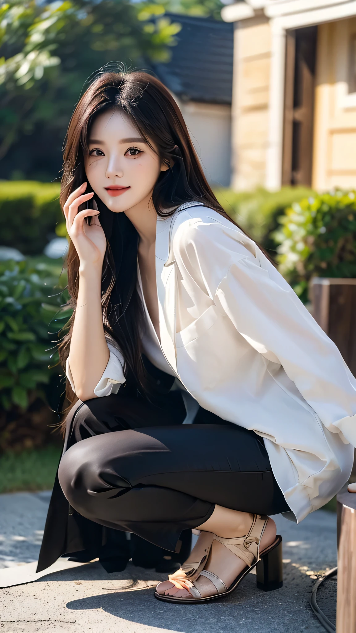 masterpiece、top-quality)、1 beautiful girl、((Wearing black sunglasses )), (Detailed beautiful eyes), ((Detailed skin)) , ((Detailed medium hair)), in the white villa、((Boyish Brown Medium Hair))、((Smaller face))、((Neutral face))、((Face seen from the side))、((Light brown eyes))、((Korean Girl))、((18year old))、((cool lady))、((A shy smile on his face))、((Korean Makeup))、((elongated and sharp eyes))、((Happy dating))、((boyish))、((Shot from the same height as your face)、full body , RAW photos, on the white villa ), ((CG rendering)), ((Blurred background)), ((16K)), ((Very detailed)), ((wallpaper)), ((depth of field)), ((movie light)), (( Ray tracing)).