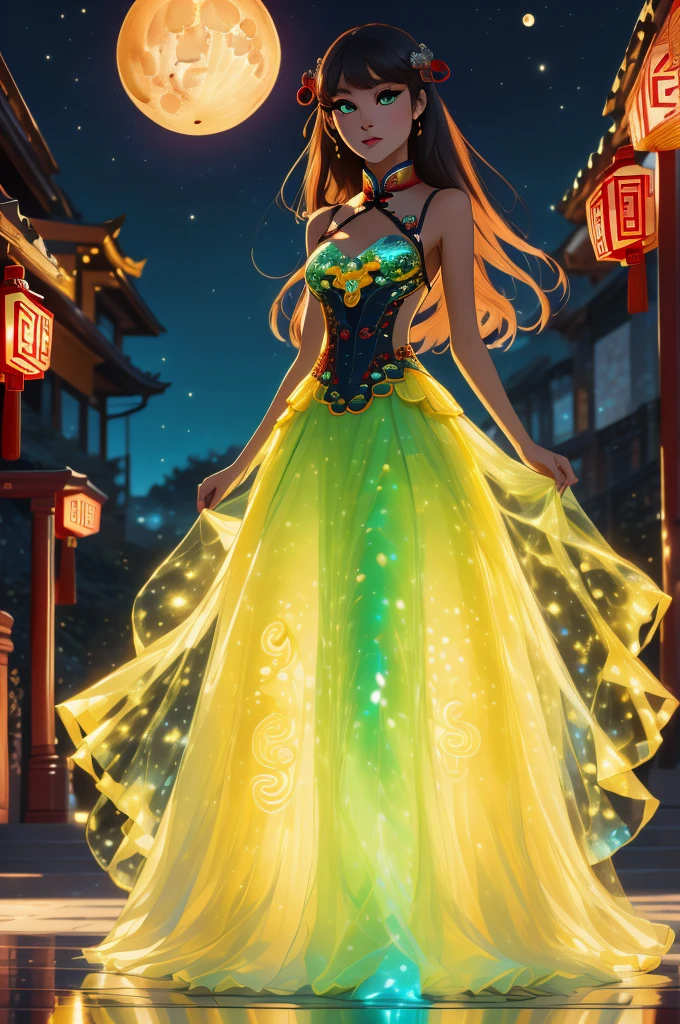 ((best quality)), ((masterpiece)), (intricate details, hyperdetailed:1.15), 35mm, bokeh, (perfect face, highest detailed face), (full body shot), (wearing a red bioluminescent ballgown), red and yellow bioluminescent dress, fashion photography of bratz, lips, large breasts, beautiful, makeup, mascara, lip gloss, perfect eyes, long eyelashes, long hair, looking at viewer, 8k, shiny, glow, (bloom), beautiful girl, photoshoot, fun atmosphere, (full moon, Lunar New Year setting, Chinese dragon:1.3)