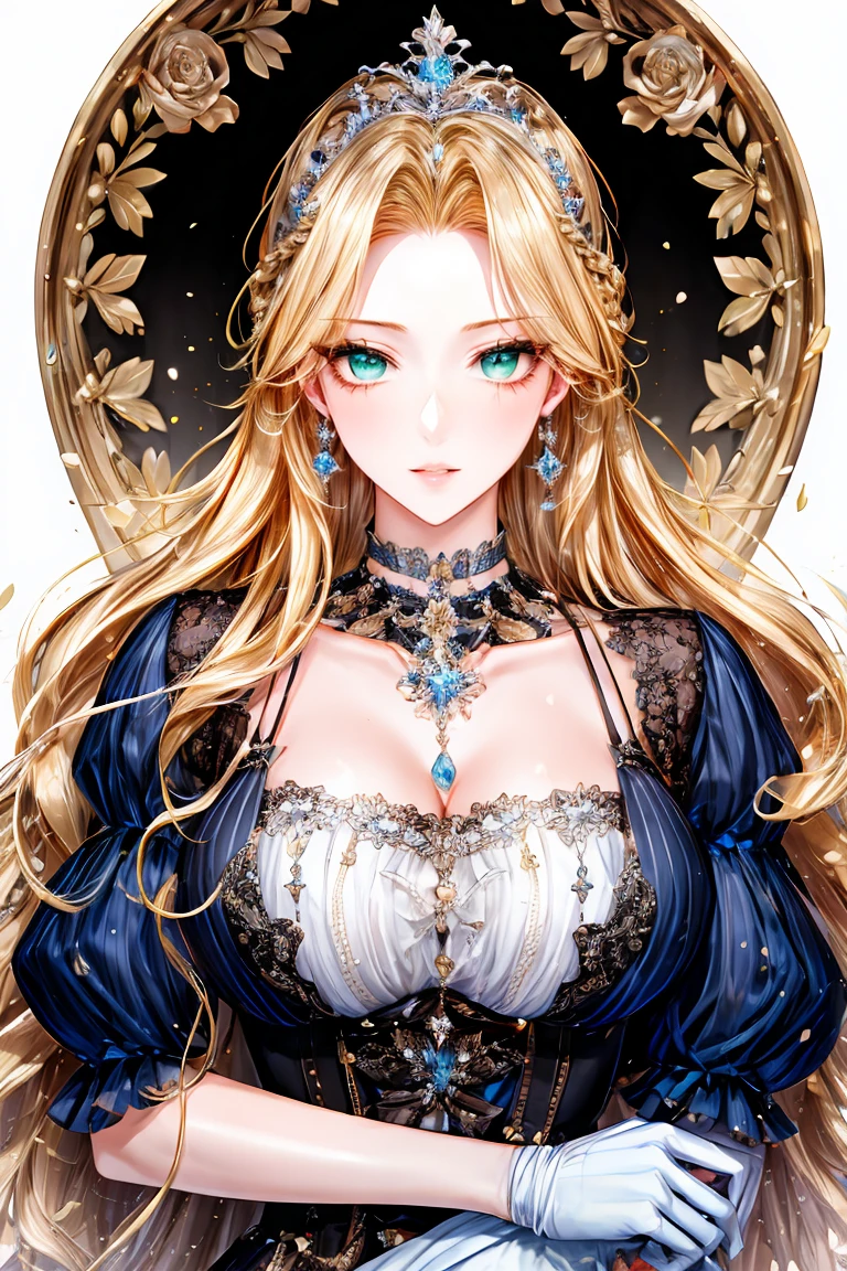 shoujo-style, (floral background, romance manhwa), 1girl, blonde hair, solo, long hair, flower, dress, tiara, white dress, gloves, long sleeves, choker, green eyes, mascara, makeup, white gloves, black bow, black flower, straight hair, french braid, bow, bra, jewelry, looking at viewer, white background, collarbone, puffy sleeves, silver accessories, upper body, parted bangs, very long hair, blue dress, frills, bangs, closed mouth, detailed eyes, sparkle