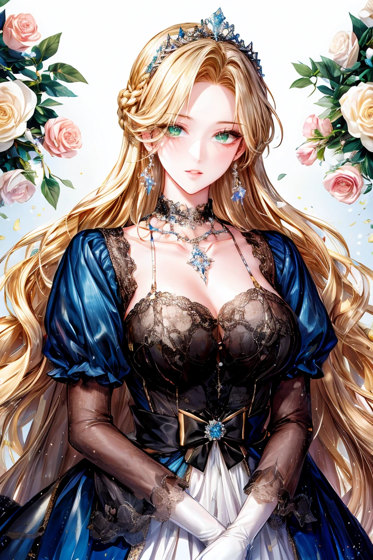 shoujo-style, (floral background, romance manhwa), 1girl, blonde hair, solo, long hair, flower, dress, tiara, white dress, gloves, long sleeves, choker, green eyes, mascara, makeup, white gloves, black bow, black flower, straight hair, french braid, bow, bra, jewelry, looking at viewer, white background, collarbone, puffy sleeves, silver accessories, upper body, parted bangs, very long hair, blue dress, frills, bangs, closed mouth, detailed eyes, sparkle