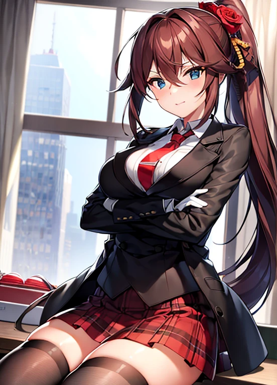 masterpiece, best quality, ultra-detailed, illustration, warm lighting, bright colors, 1girl,solo, long hair, very long hair, chifuyu, crossed arms, amused, sitting, office, office work,

action, ahoge, bangs, black_jacket, blue_eyes, breasts, brown_hair, brown_vest, buttons, closed_mouth, collared_shirt, double-breasted, dress_shirt, flower, gloves, hair_between_eyes, hair_flower, hair_ornament, hair_over_eyes, jacket, light_particles, long_sleeves, looking_at_viewer, necktie, plaid, plaid_skirt, pleated_skirt, ponytail, red_flower, red_necktie, red_rose, red_skirt, rose, shirt, skirt, thighhighs, vest, weapon, white_shirt, zettai_ryouiki