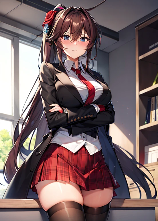 masterpiece, best quality, ultra-detailed, illustration, warm lighting, bright colors, 1girl,solo, long hair, very long hair, chifuyu, crossed arms, amused, sitting, office, office work,

action, ahoge, bangs, black_jacket, blue_eyes, breasts, brown_hair, brown_vest, buttons, closed_mouth, collared_shirt, double-breasted, dress_shirt, flower, gloves, hair_between_eyes, hair_flower, hair_ornament, hair_over_eyes, jacket, light_particles, long_sleeves, looking_at_viewer, necktie, plaid, plaid_skirt, pleated_skirt, ponytail, red_flower, red_necktie, red_rose, red_skirt, rose, shirt, skirt, thighhighs, vest, weapon, white_shirt, zettai_ryouiki