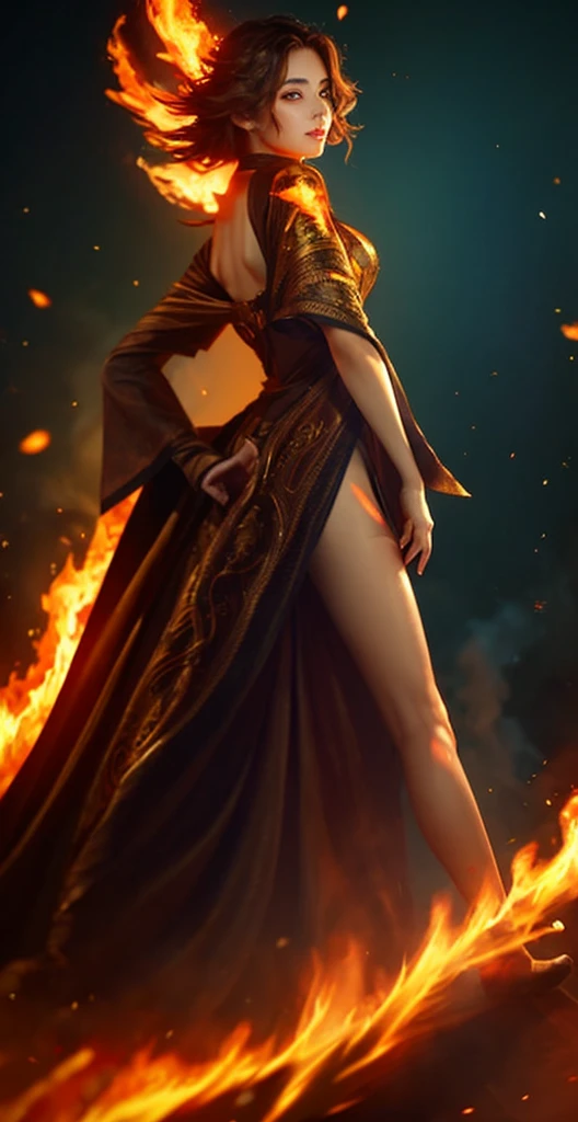 This is realistic fantasy art featuring realistic fire, Backwards、turn around、Includes flame thread, Burning hot embers, A faint swirl of smoke, And beautiful fire druids. The Druid stood in the midst of the fierce flames、It creates an interesting composition。. she face is expertly sculpted, Elegant and sophisticated features with perfect shading and realistic skin texture. she (Orange and gold eyes) It's wonderful.、It is the focus of this image. (she eyes extremely detailed, Beautiful fine details, macro). she eyes feature intricate detailing with clearly defined irises and bright sclera. she soft lips are smooth and very puffy, sheの肌は淡い紅潮と華麗な炎の模様で飾られている. she long gown is stunning and expensive, Made of pure flame and brilliant light, 火の光の中できらめく華やかな宝stone. she billowing gown glitters from the flames and features a delicately and intricately embroidered bodice with wisps of flames running across it. Include fantasy elements such as bumps, stone, Fiery Iris, Burning embers, silk, And an interesting background. Include fiery magical creatures such as the flame bird and the flame butterfly that give off a magical and mystical aura. Lighting: Enhance your artwork with the latest lighting trends. camera: Use dynamic composition to create tension and excitement. Take inspiration from current masters of the fantasy genre, Including popular artists on Artstation and Midjourney. ((masterpiece))