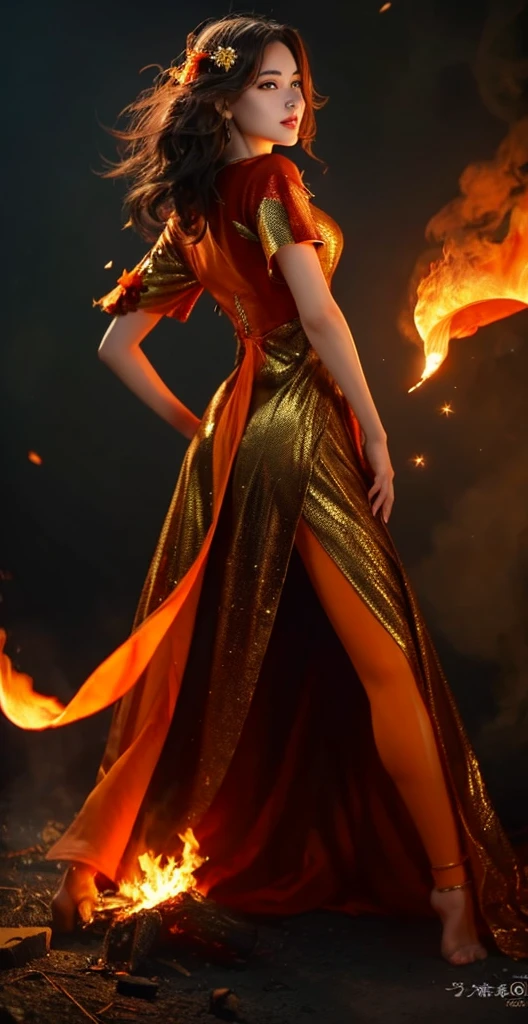 This is realistic fantasy art featuring realistic fire, Backwards、turn around、Includes flame thread, Burning hot embers, A faint swirl of smoke, And beautiful fire druids. The Druid stood in the midst of the fierce flames、It creates an interesting composition。. she face is expertly sculpted, Elegant and sophisticated features with perfect shading and realistic skin texture. she (Orange and gold eyes) It's wonderful.、It is the focus of this image. (she eyes extremely detailed, Beautiful fine details, macro). she eyes feature intricate detailing with clearly defined irises and bright sclera. she soft lips are smooth and very puffy, sheの肌は淡い紅潮と華麗な炎の模様で飾られている. she long gown is stunning and expensive, Made of pure flame and brilliant light, 火の光の中できらめく華やかな宝stone. she billowing gown glitters from the flames and features a delicately and intricately embroidered bodice with wisps of flames running across it. Include fantasy elements such as bumps, stone, Fiery Iris, Burning embers, silk, And an interesting background. Include fiery magical creatures such as the flame bird and the flame butterfly that give off a magical and mystical aura. Lighting: Enhance your artwork with the latest lighting trends. camera: Use dynamic composition to create tension and excitement. Take inspiration from current masters of the fantasy genre, Including popular artists on Artstation and Midjourney. ((masterpiece))