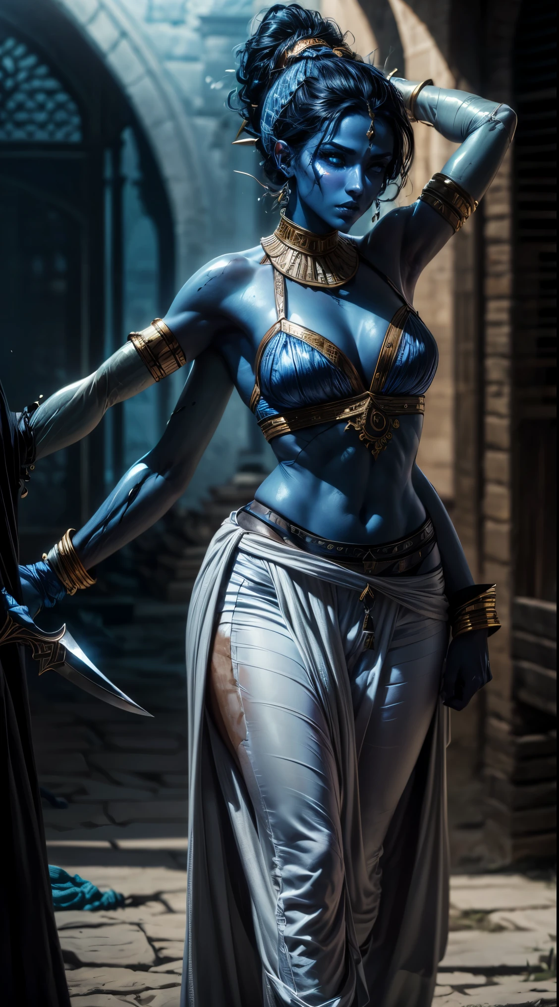 arab woman, (((blue skin))), (((four arms))), ((black hair)), indian woman, arabian ((rogue battle white robes)), pants, ponytail, arabic swords, field background .  (best quality,4k,8k,highres,masterpiece:1.2), HDR,UHD,studio lighting,ultra-fine painting,sharp focus,physically-based rendering,extreme detail description,professional, 