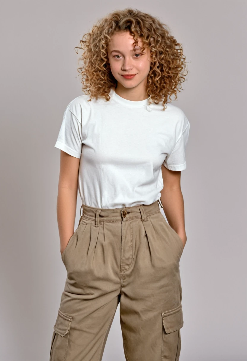 1996 clothing style, twenty year old woman, shoulder length curly sandy hair, 90s clothing, 1990s, studio portrait, shy and demure standing pose, photorealism, high quality, 8k, 150 lbs, 90s style, 1990s, tee shirt and khakis, no background