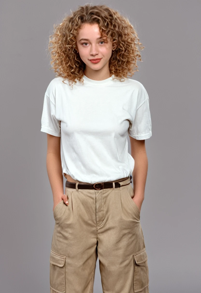 1996 clothing style, twenty year old woman, shoulder length curly sandy hair, 90s clothing, 1990s, studio portrait, shy and demure standing pose, photorealism, high quality, 8k, 150 lbs, 90s style, 1990s, tee shirt and khakis, no background