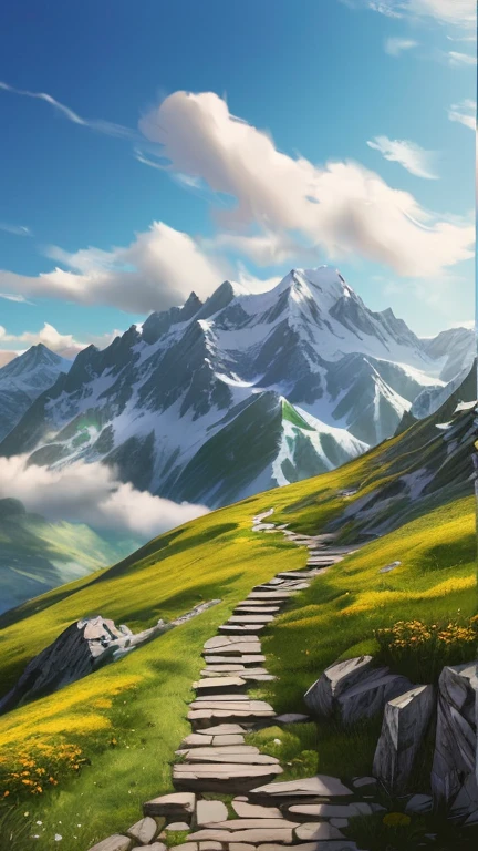 There is a picture of a road going up a hill..On the right side of the road is a beautiful 18th century white marble castle.、High spire、An untrodden, steep mountain range on the lower right side of the road、 time to climb the mountain path, Fantasy Art Landscape, Mountain landscape, traveling through the mountains, Inspired by Jessica Rossier, 8K resolution digital painting, 8K resolution digital painting, Fantasy Landscape Painting, Optimistic matte painting, Inspired by Christophe Vaché, Illustration Matte Painting, 4K HD Matte Digital Painting