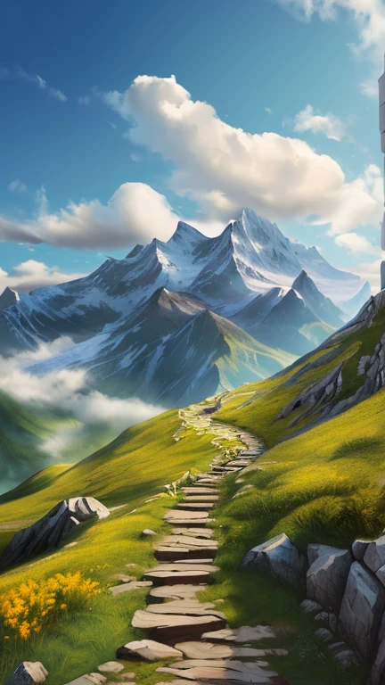 There is a picture of a road going up a hill..On the right side of the road is a beautiful 18th century white marble castle.、High spire、An untrodden, steep mountain range on the lower right side of the road、 time to climb the mountain path, Fantasy Art Landscape, Mountain landscape, traveling through the mountains, Inspired by Jessica Rossier, 8K resolution digital painting, 8K resolution digital painting, Fantasy Landscape Painting, Optimistic matte painting, Inspired by Christophe Vaché, Illustration Matte Painting, 4K HD Matte Digital Painting