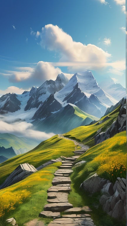 There is a picture of a road going up a hill..On the right side of the road is a beautiful 18th century white marble castle.、High spire、An untrodden, steep mountain range on the lower right side of the road、 time to climb the mountain path, Fantasy Art Landscape, Mountain landscape, traveling through the mountains, Inspired by Jessica Rossier, 8K resolution digital painting, 8K resolution digital painting, Fantasy Landscape Painting, Optimistic matte painting, Inspired by Christophe Vaché, Illustration Matte Painting, 4K HD Matte Digital Painting