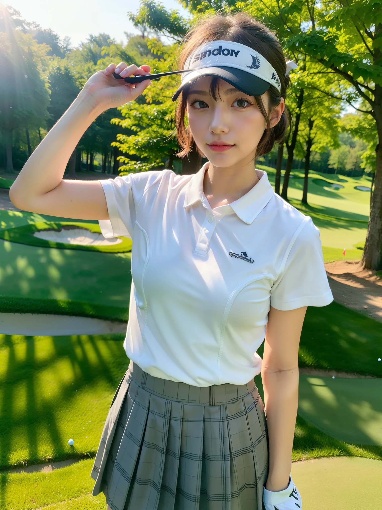 ((Best of the highest quality, 8k, Masterpiece: 1.3, raw photo)), Sharp focus: 1.2, (1 AESPA, slim body type female, 21 y/o: 1.1), (Solo: 1.2), (realistic, photo-realistic:1.37), face focus, cute face, finely eyes, side lighting, using reflectors, (small breasts, flat chest, Thigh: 1.3), (short messy hair, updo: 1.28), (golf wear, skirt, sun visor: 1.32), (ribbon:1.2), walking Golf course, sun light, flower