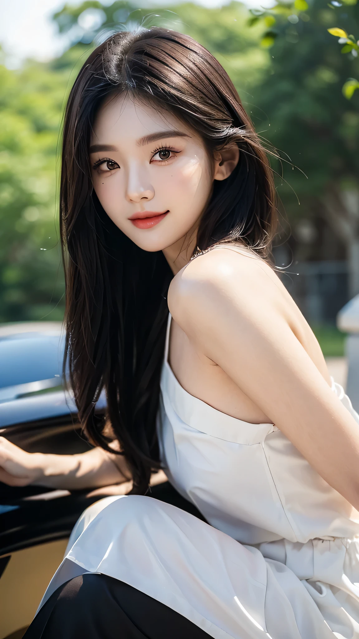 masterpiece、top-quality)、1 beautiful girl、((Wearing black sunglasses )), (Detailed beautiful eyes), ((Detailed skin)) , ((Detailed medium hair)), in the white villa、((Boyish Brown Medium Hair))、((Smaller face))、((Neutral face))、((Face seen from the side))、((Light brown eyes))、((Korean Girl))、((18year old))、((cool lady))、((A shy smile on his face))、((Korean Makeup))、((elongated and sharp eyes))、((Happy dating))、((boyish))、((Shot from the same height as your face)、full body , RAW photos, on the white villa ), ((CG rendering)), ((Blurred background)), ((16K)), ((Very detailed)), ((wallpaper)), ((depth of field)), ((movie light)), (( Ray tracing)).