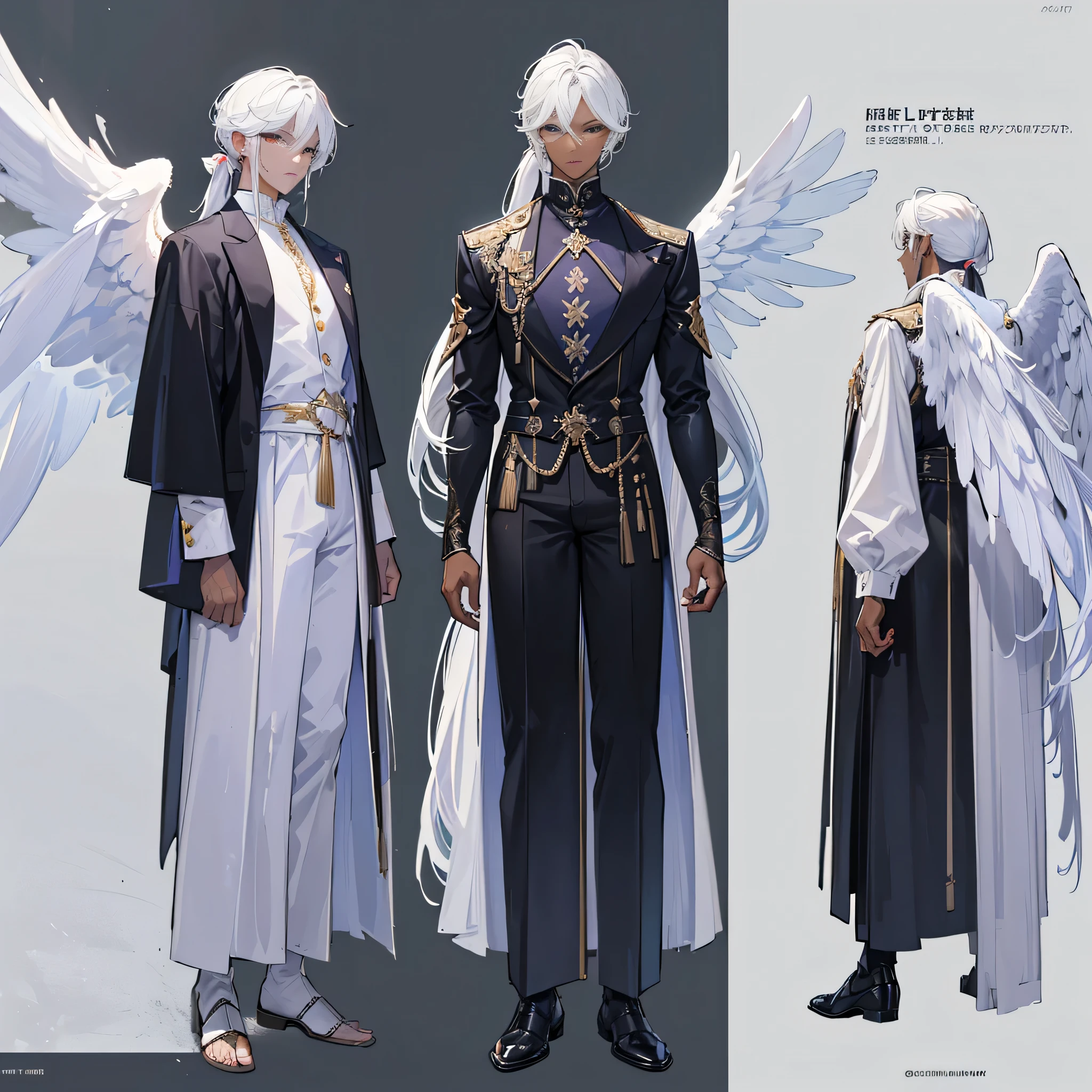 ((Masterpiece, Highest quality)), Male, boy, Detailed face, character design sheet,full bodyesbian, Full of details, frontal body view, back body view, Highly detailed, character sheet, character design, Many parts, dark skin, angel wings, white hair, angel outfit, Muscle boy with white long ponytail hair,handsome man, male angel , man tall