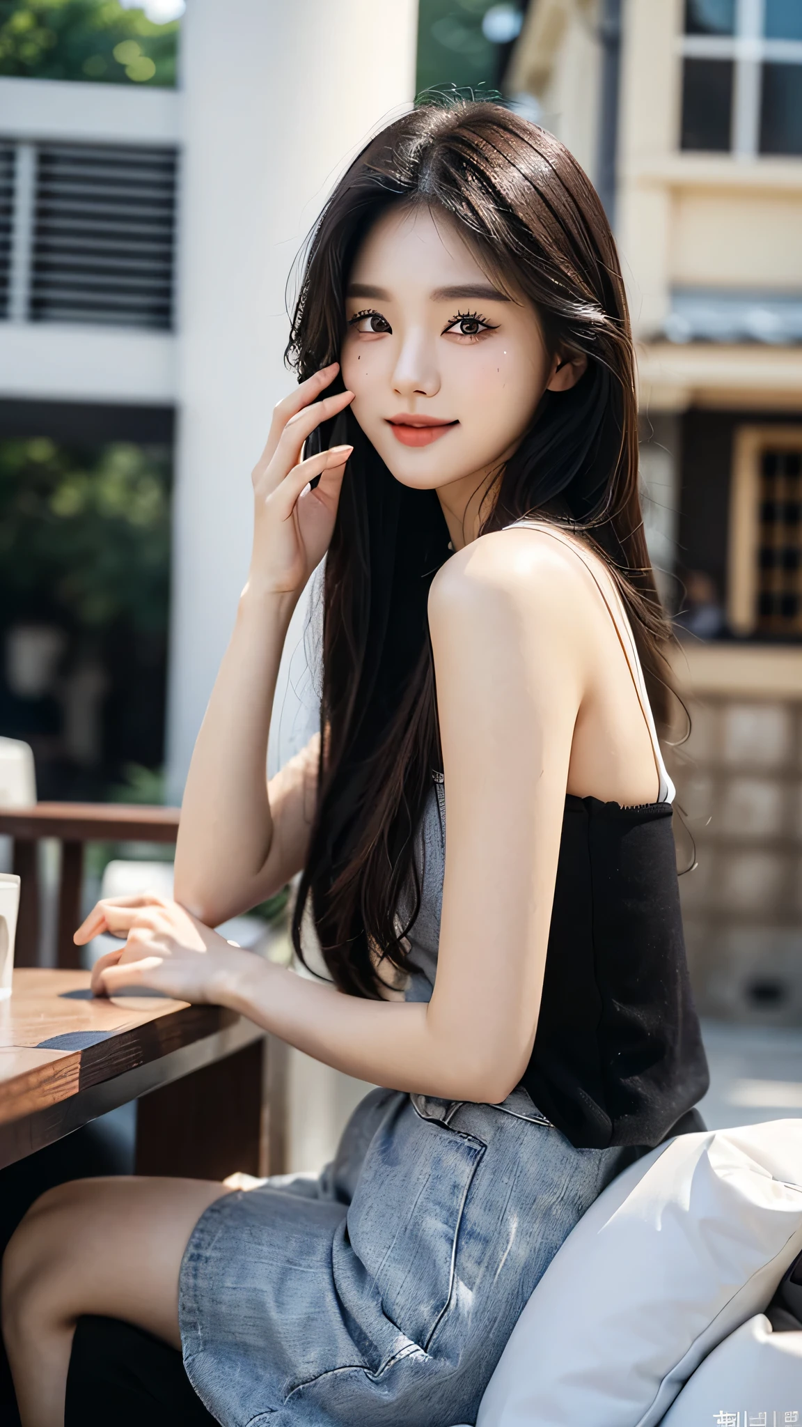 ​masterpiece、top-quality)、1 beautiful girl、((Wearing black sunglasses )), (Detailed beautiful eyes), ((Detailed skin)) , ((Detailed medium hair)), in the white villa、((Boyish Brown Medium Hair))、((Smaller face))、((Neutral face))、((Face seen from the side))、((Light brown eyes))、((Korean Girl))、((18year old))、((cool lady))、((A shy smile on his face))、((Korean Makeup))、((elongated and sharp eyes))、((Happy dating))、((boyish))、((Shot from the same height as your face)、full body , RAW photos, on the white villa ), ((CG rendering)), ((Blurred background)), ((16K)),  ((Very detailed)), ((wallpaper)), ((depth of field)), ((movie light)), (( Ray tracing)).