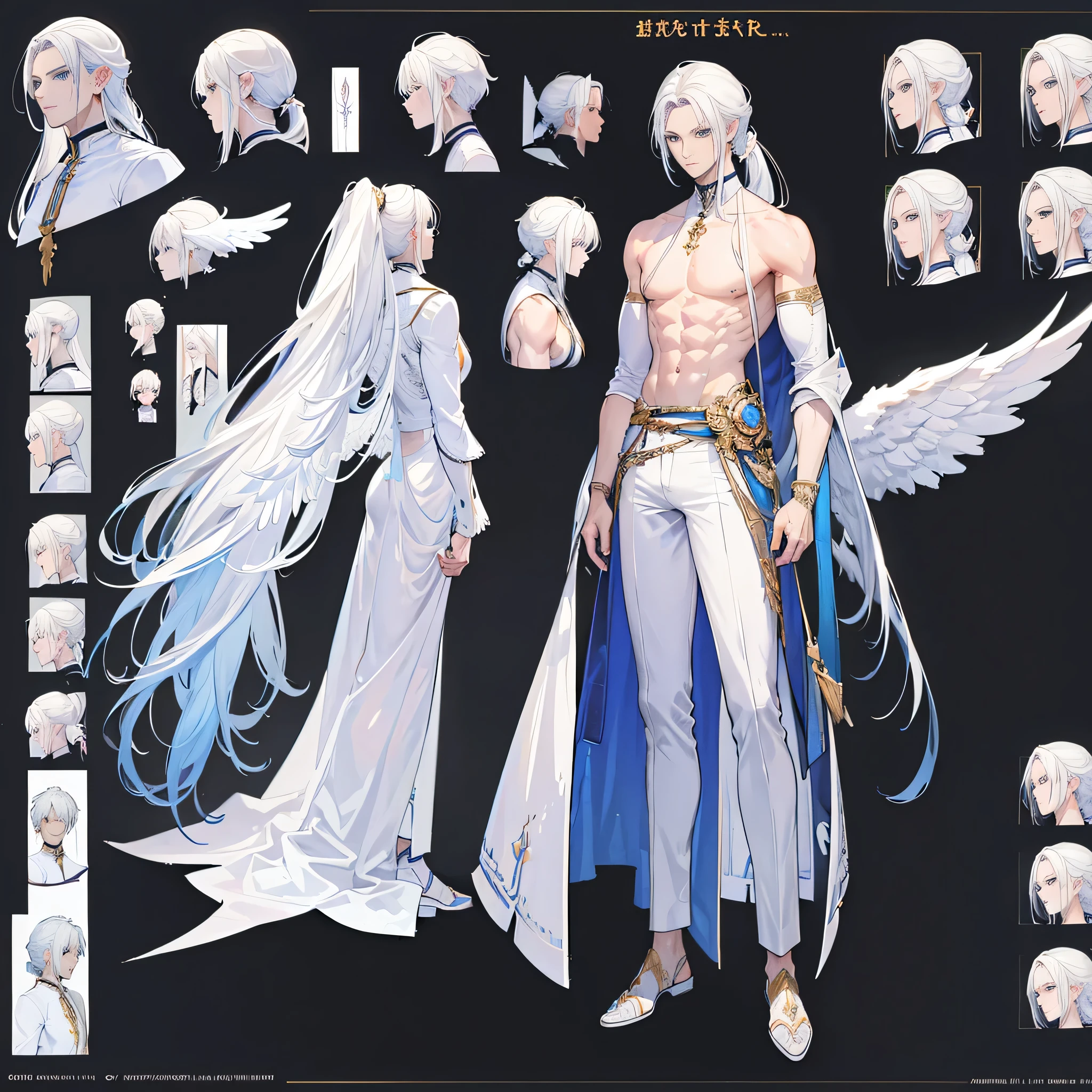 ((Masterpiece, Highest quality)), Male, boy, Detailed face, character design sheet，full bodyesbian, Full of details, frontal body view, back body view, Highly detailed, character sheet, character design, Many parts, dark skin, angel wings, white hair, angel outfit, Muscle boy with white long ponytail hair，handsome man, male angel , man tall