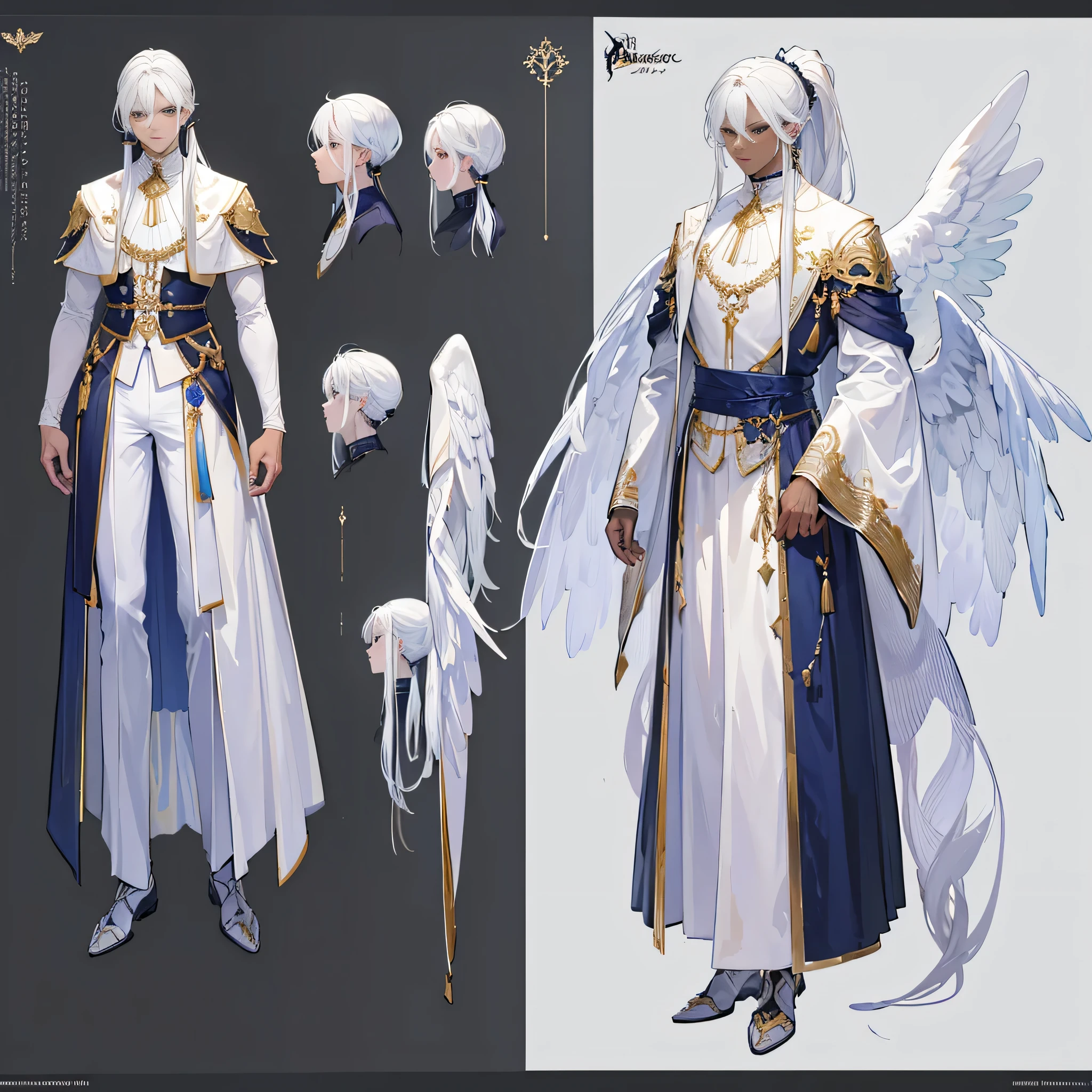 ((Masterpiece, Highest quality)), Male, boy, Detailed face, character design sheet，full bodyesbian, Full of details, frontal body view, back body view, Highly detailed, character sheet, character design, Many parts, dark skin, angel wings, white hair, angel outfit, Muscle boy with white long ponytail hair，handsome man, male angel , man tall