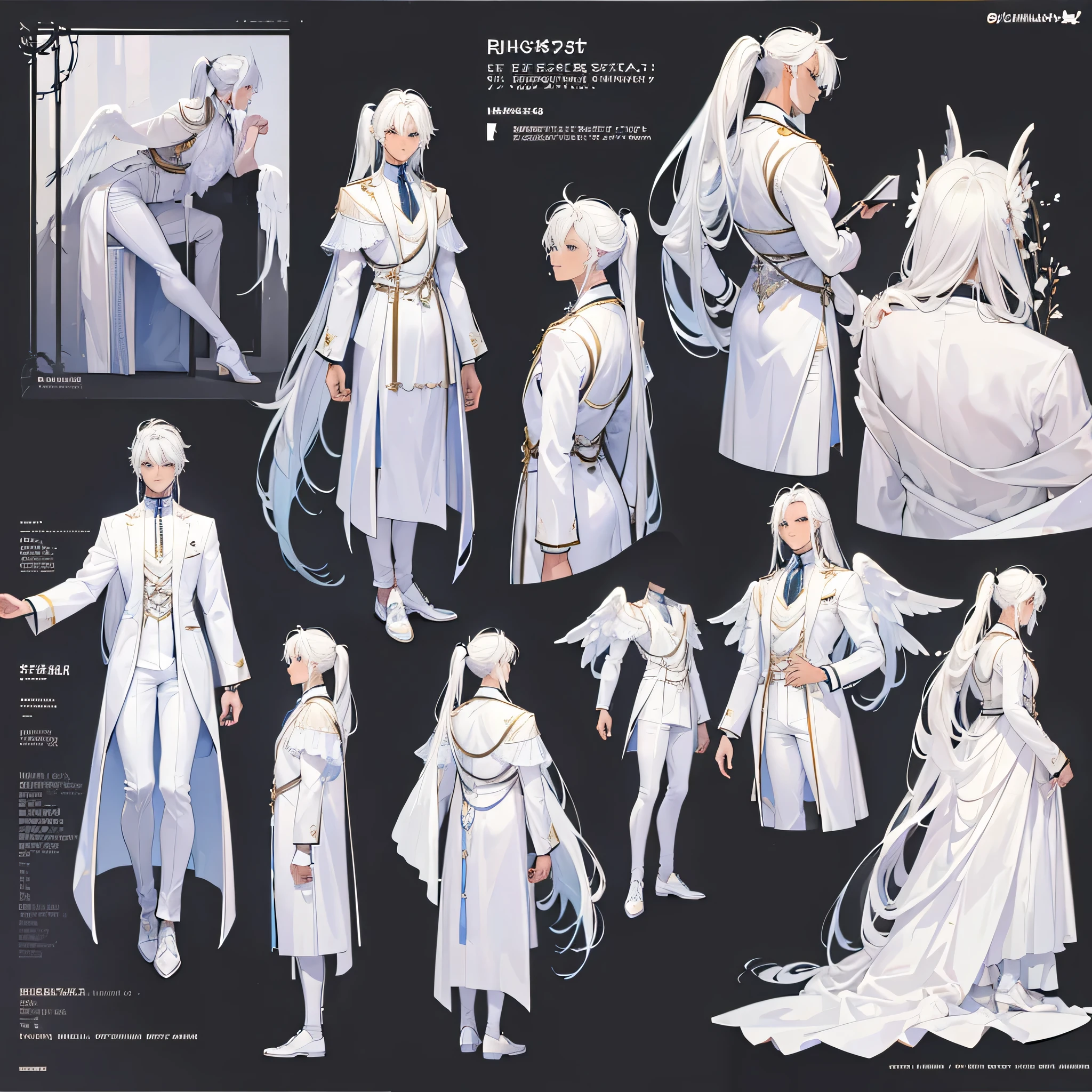 ((Masterpiece, Highest quality)), Male, boy, Detailed face, character design sheet,full bodyesbian, Full of details, frontal body view, back body view, Highly detailed, character sheet, character design, Many parts, dark skin, angel wings, white hair, angel outfit, Muscle boy with white long ponytail hair,handsome man, male angel , man tall