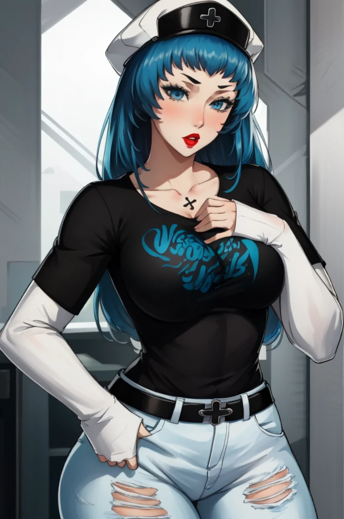 (masterpiece, best quality),  intricate details,
1girl, esdeath, long hair, hat, light blue hair, solo, black t-shirt, white shirt, blue jeans, belt, lipstick, large breasts, layered sleeves