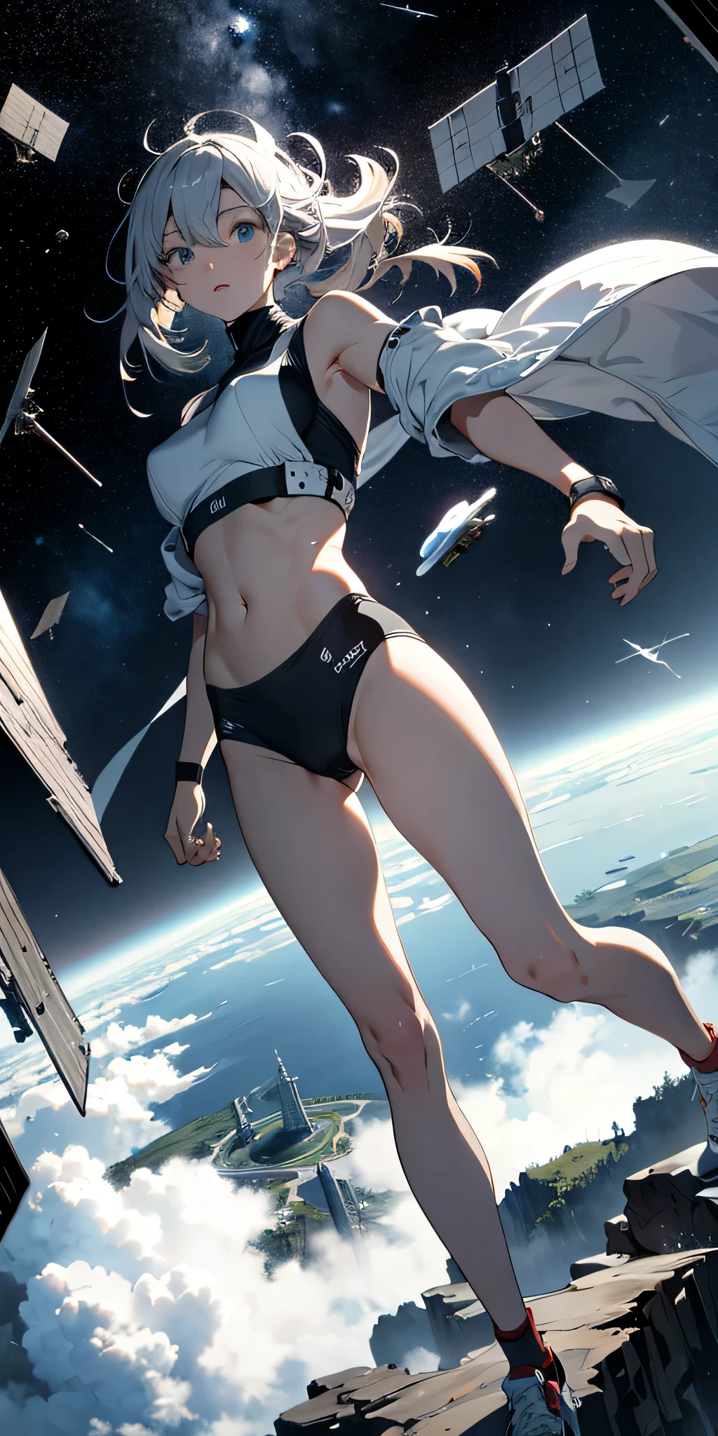 absurd solution, high resolution, (masterpiece:1.4), very detailed, 1 man, Seen from above, space, floating, satellite, Running posture, wide angle lens distortion