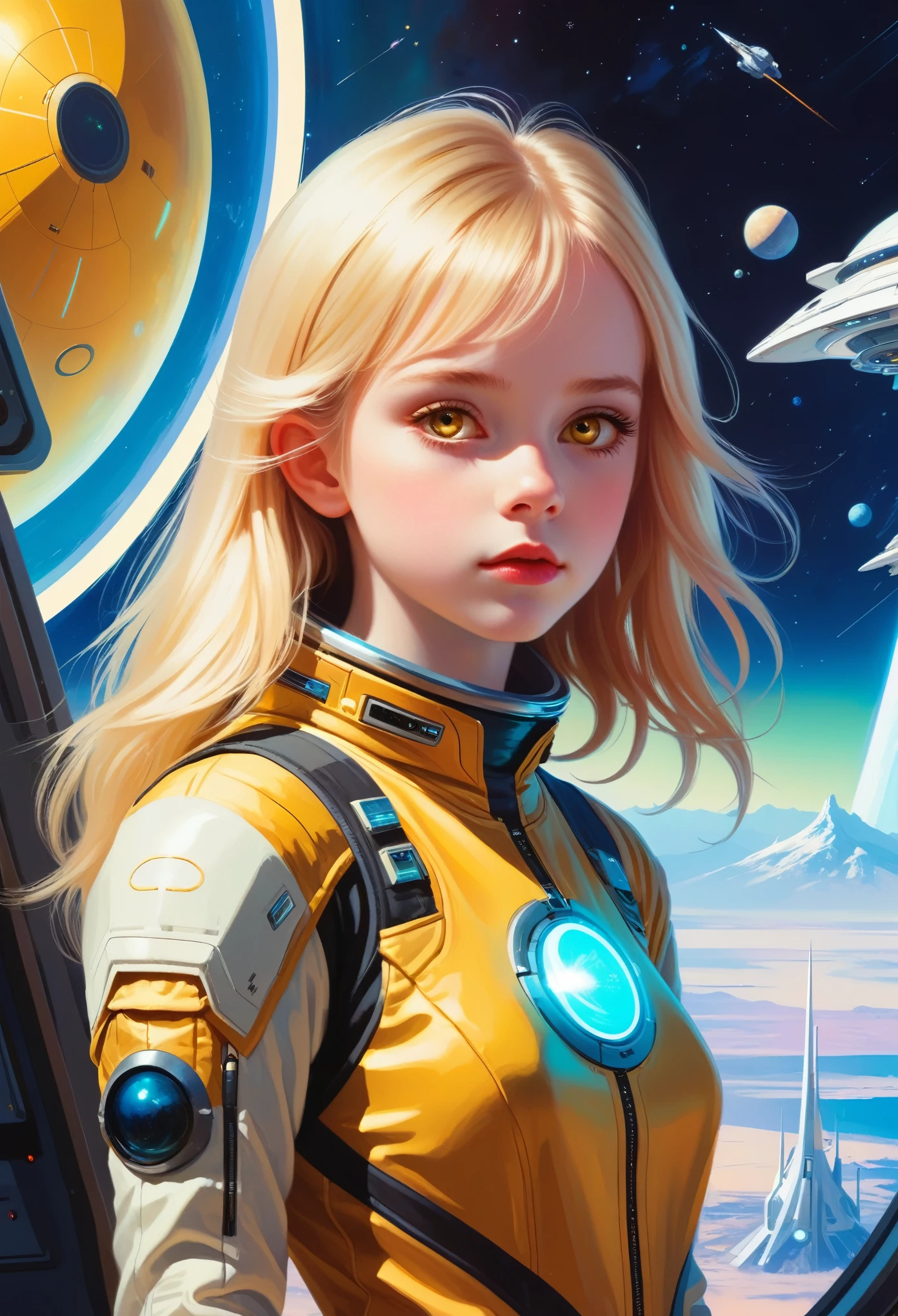 (Young Girls, 12 years old, blond, Reality, Pale skin), (yellow (Eye:1.2)), (fit:1.3), (fantasy space suit), Pretty Face, Symmetrical face, Greg Rutkowski, wlop and Sam Kuvshinov, (long hair), Gold eyelashes, Big Iris, Large pupils, whole body, Standing on the background of the spaceport, art station, 8K, Science fiction, Soft colors, tool, Control Panel, concept, Futuristic, Gribble, Simon Starhag, space, in outer space, a spaceship in the sky, Technology Modules