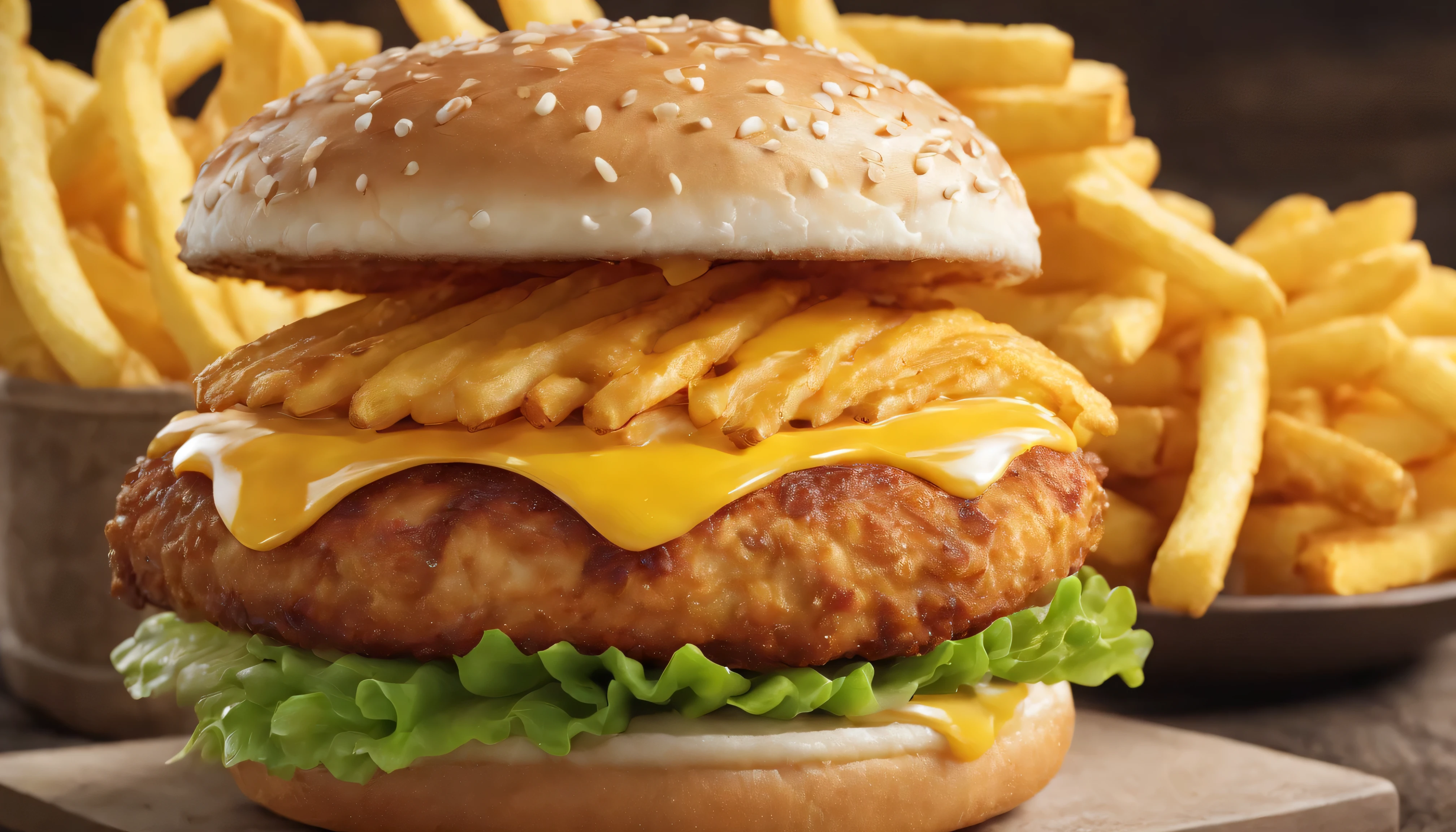 a delicious golden fried chicken burger, crispy french fries, double cheeseburger, fast food, restaurant, glossy buns, melted cheese, fresh vegetables, appetizing, mouth-watering, (best quality,4k,8k,highres,masterpiece:1.2),ultra-detailed,(realistic,photorealistic,photo-realistic:1.37),detailed food photography, professional food styling, warm lighting, appetizing colors