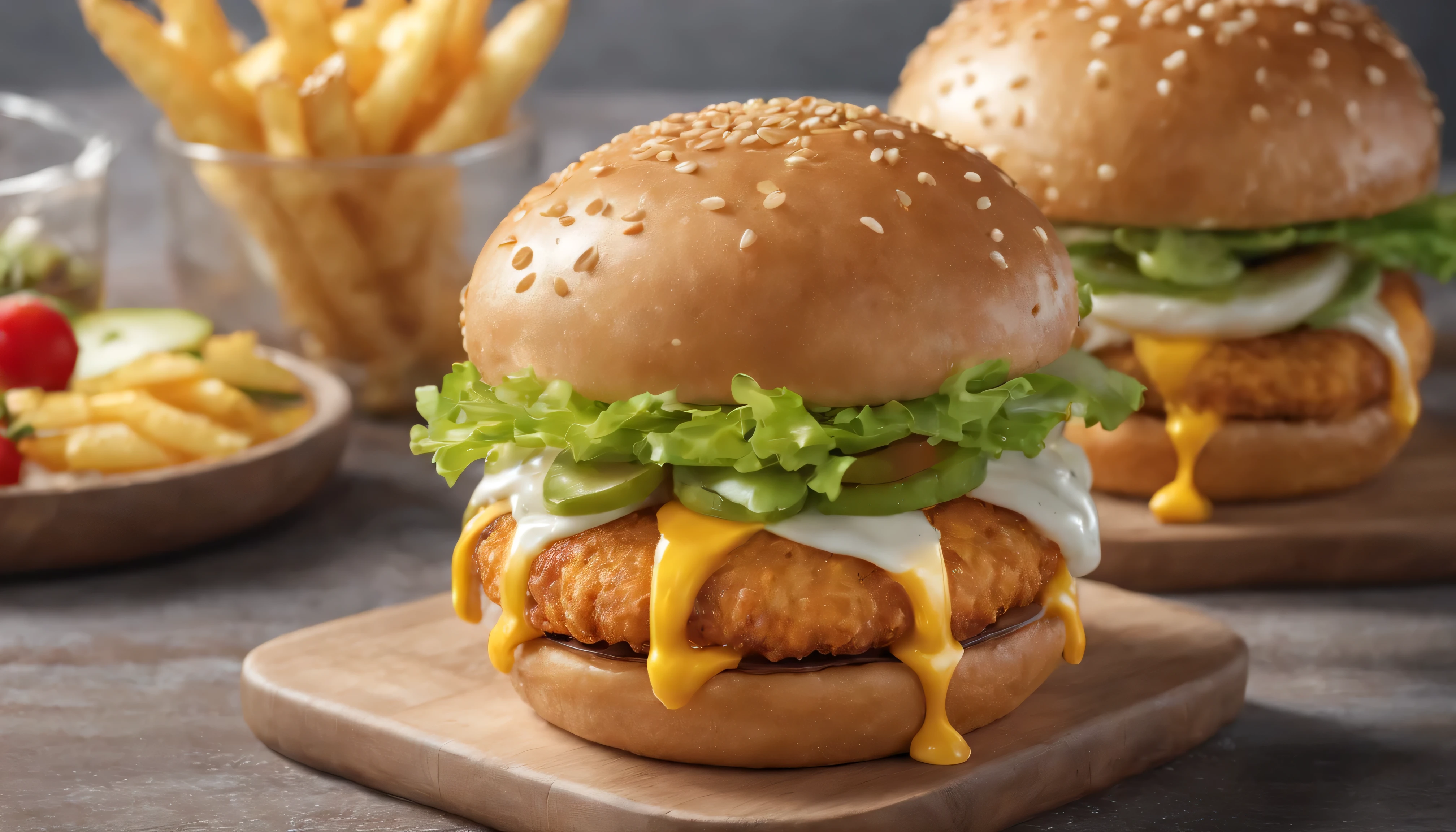 a delicious golden fried chicken burger, crispy french fries, double cheeseburger, fast food, restaurant, glossy buns, melted cheese, fresh vegetables, appetizing, mouth-watering, (best quality,4k,8k,highres,masterpiece:1.2),ultra-detailed,(realistic,photorealistic,photo-realistic:1.37),detailed food photography, professional food styling, warm lighting, appetizing colors