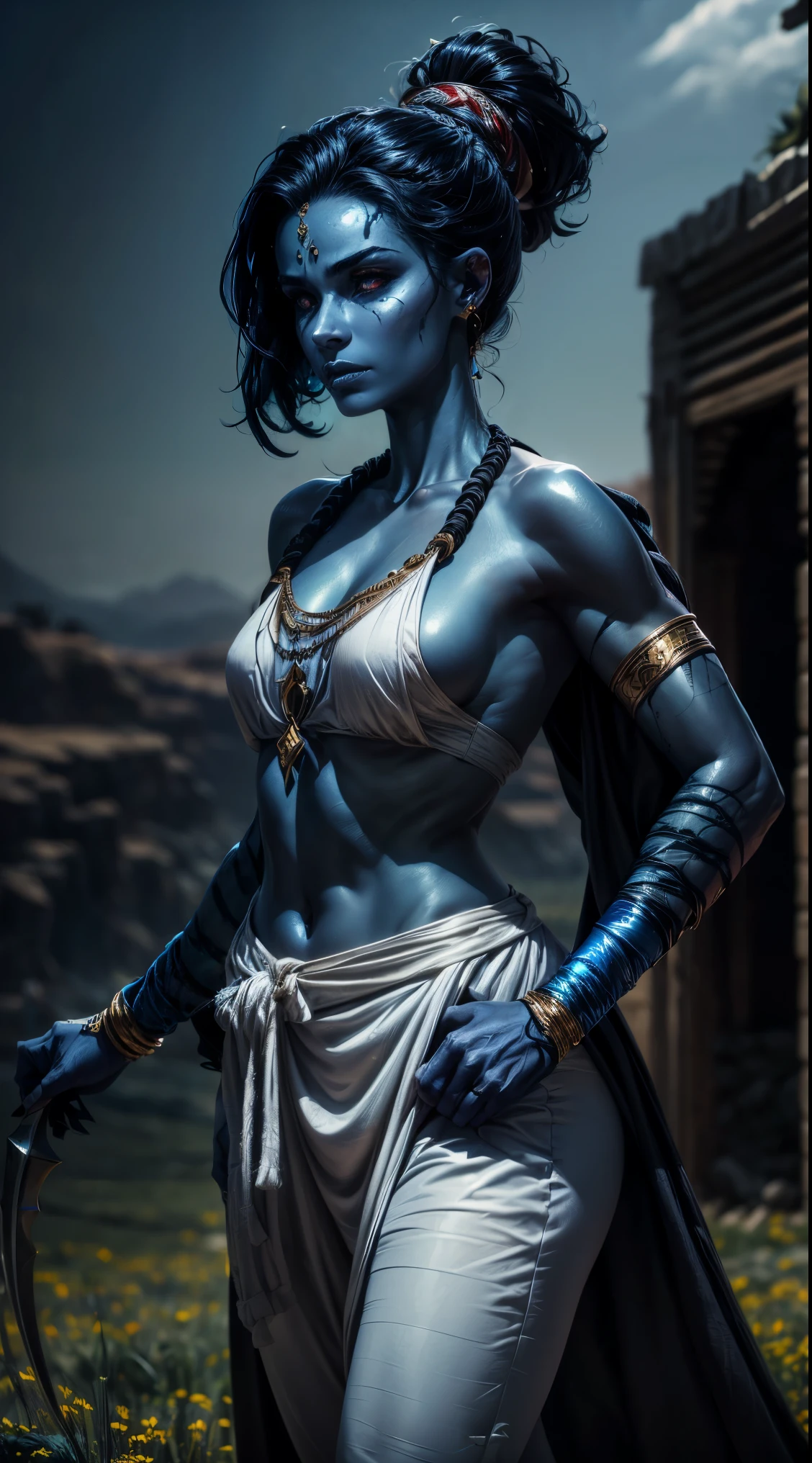 arab woman, (((blue skin))), (((four arms))), (((black hair))), indian woman, arabian ((rogue battle white robes)), pants, ponytail, arabic swords, field background .  (best quality,4k,8k,highres,masterpiece:1.2), HDR,UHD,studio lighting,ultra-fine painting,sharp focus,physically-based rendering,extreme detail description,professional, 