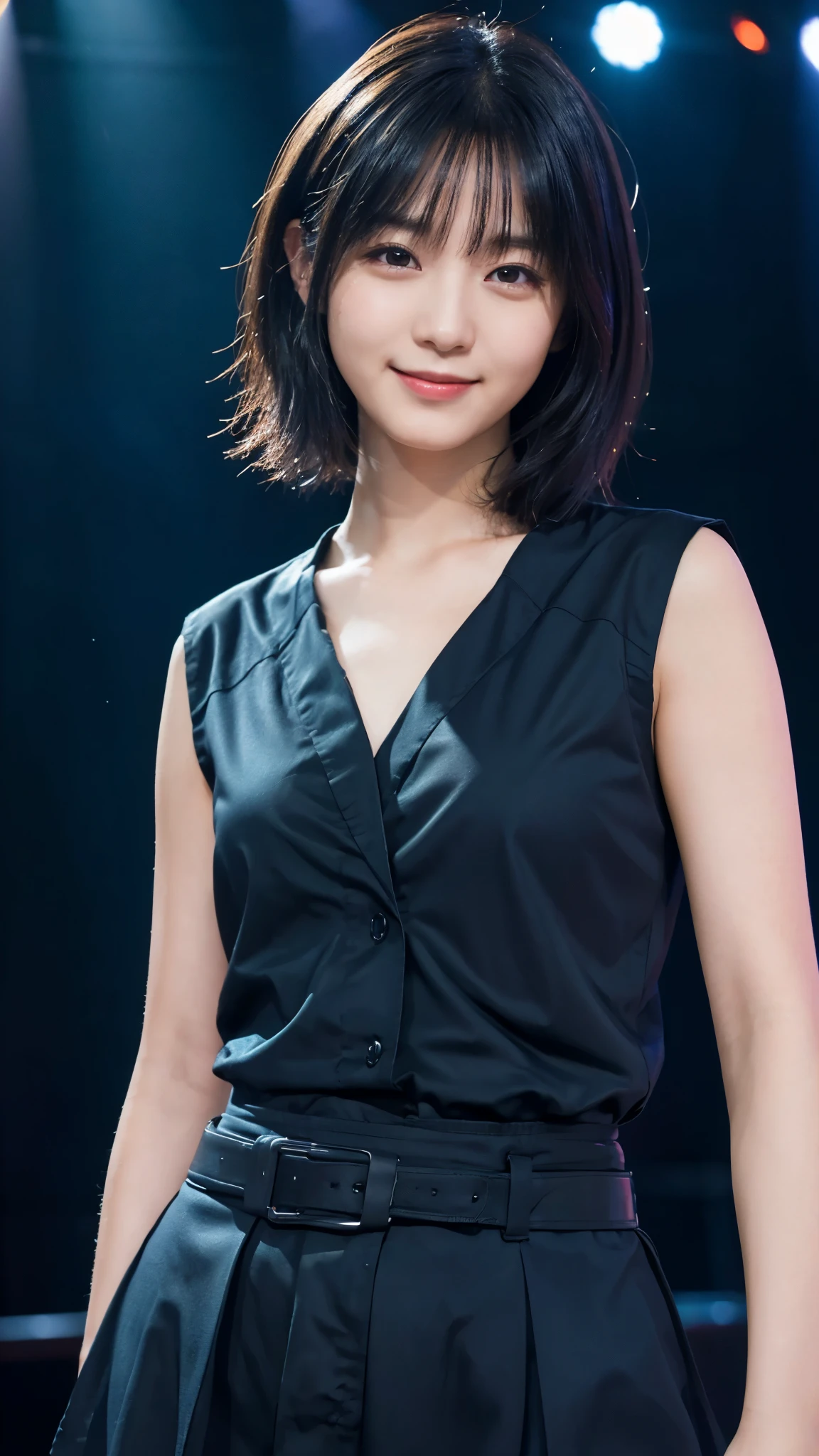 (highest quality,masterpiece:1.3,Ultra-high resolution),(Super detailed,Caustics,8k), (Photorealistic:1.4, RAW shooting),darkness,On stage,Japanese,20-year-old,smile,Black Hair Middle Hair,Black Shirt,Spotlight,Waist up shot