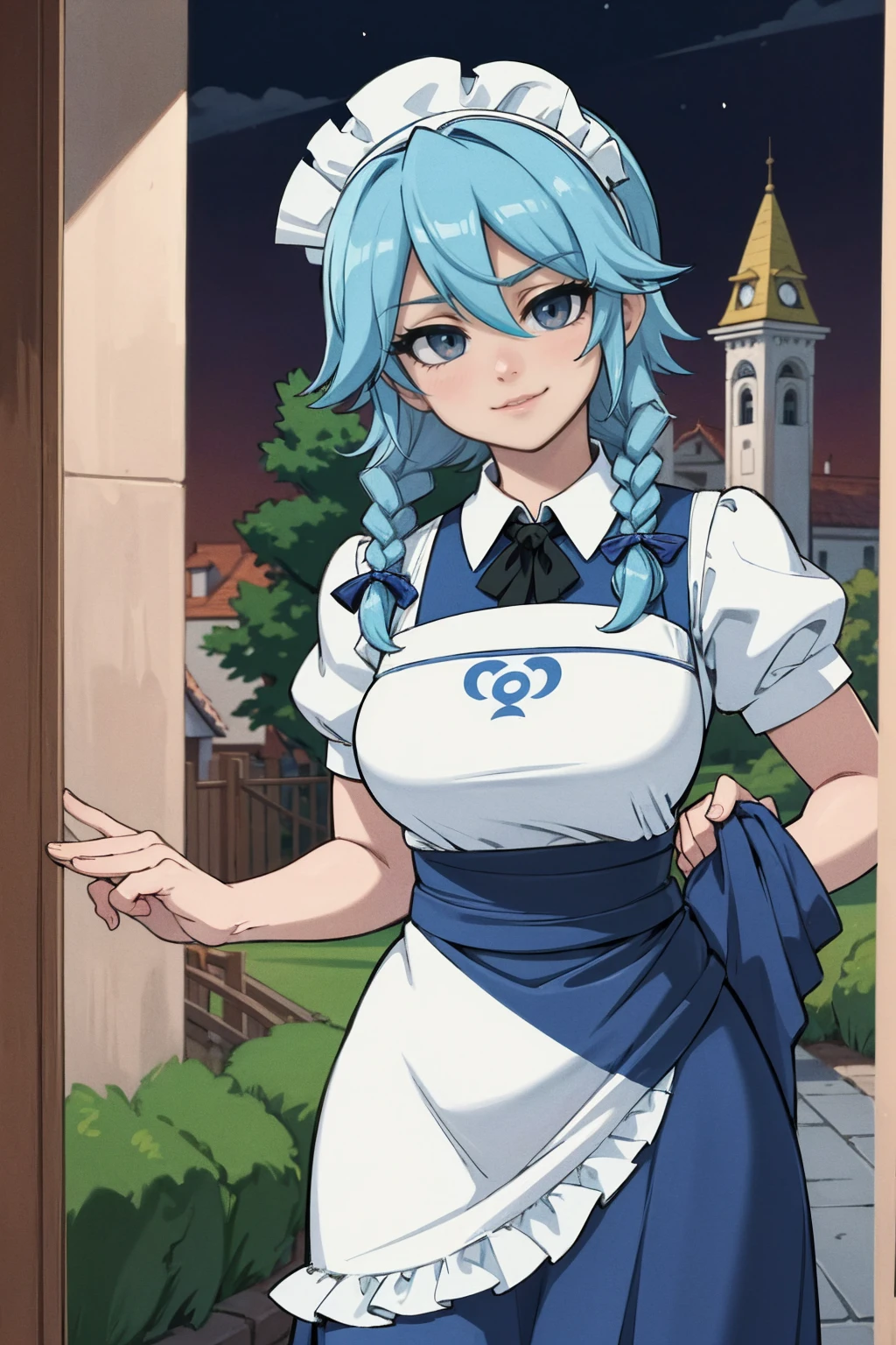 (Obra de arte, arte oficial), 1 garota, Sozinho, cabelo branco, side braids, olhos azuis, (Sakuya Izayoi:1.2), (housekeeper dress), (fechar-se), retrato, (housekeeper), standing, Vista de frente, in the mansion, Gensokyo, at night, escuro, luar, olhando para o espectador, (tronco), sorriso, sedutor, traje atraente, magro, delgado, seios grandes